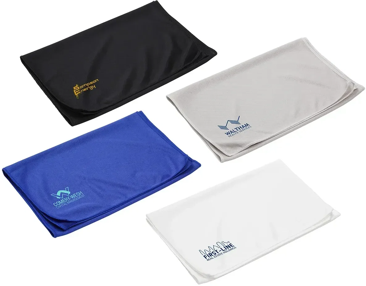 Custom branded EcoChill RPET cooling towel, front view of the promotional recycled cooling towel with logo