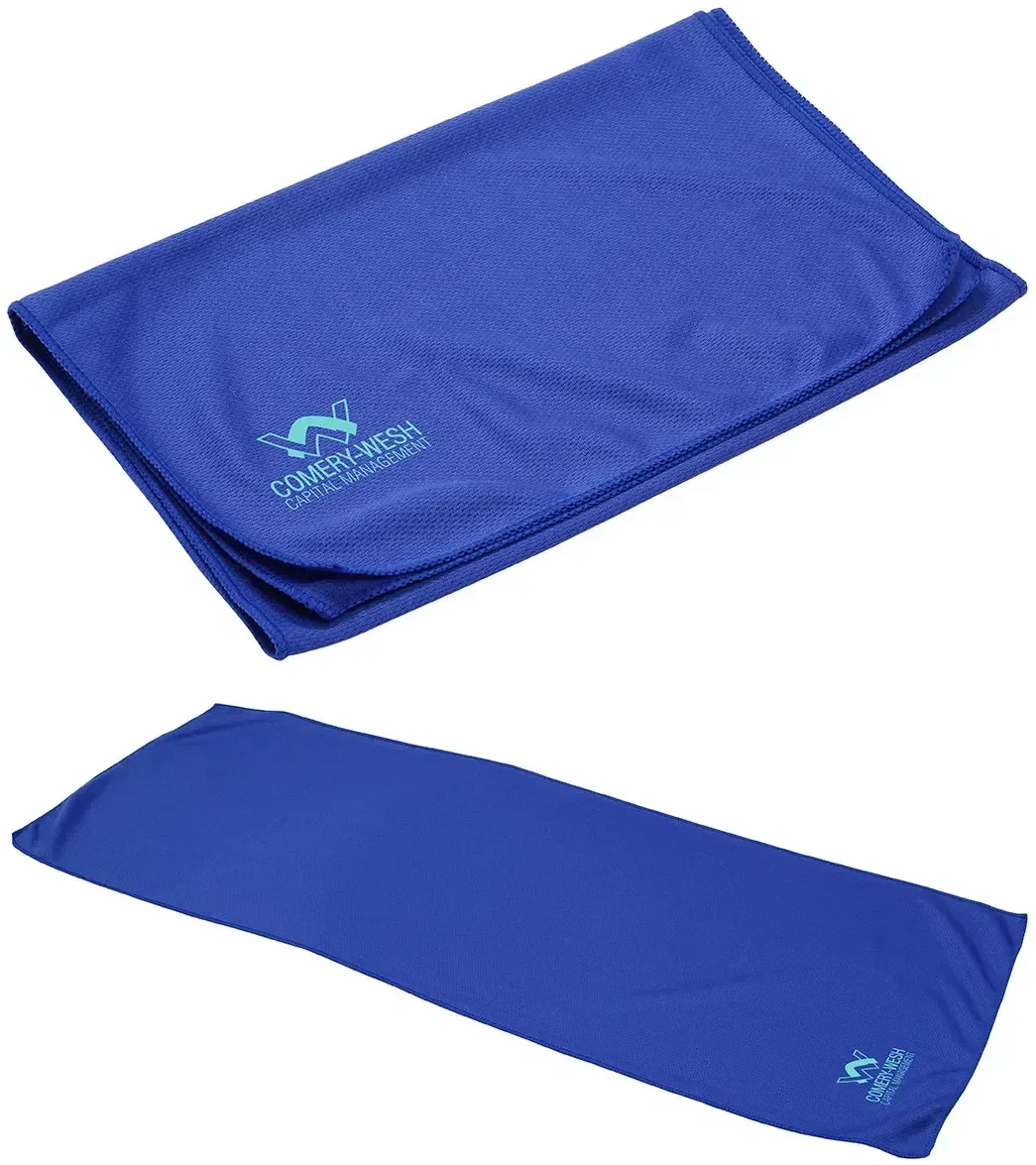 Branded EcoChill cooling towel unfolded showing its full size, custom promotional recycled workout towel