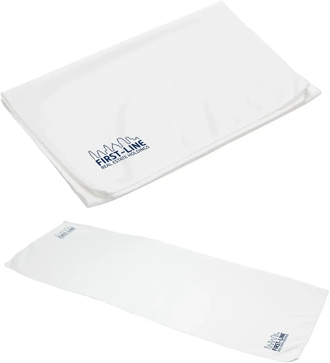 Angled view of the promotional EcoChill RPET cooling towel, custom branded towel made from recycled bottles
