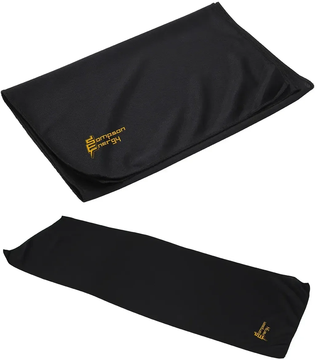 Close-up of the branded EcoChill cooling towel fabric texture, custom promotional recycled workout towel
