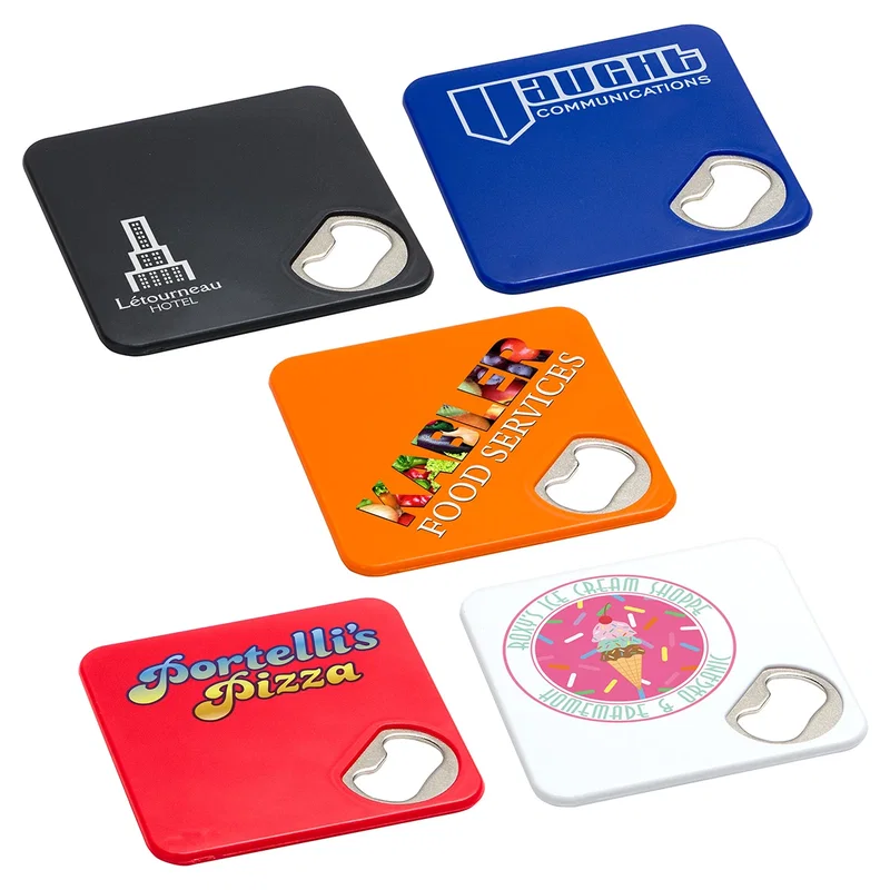 EVA foam coaster with a built-in bottle opener in the corner, 3-1/4 inches square