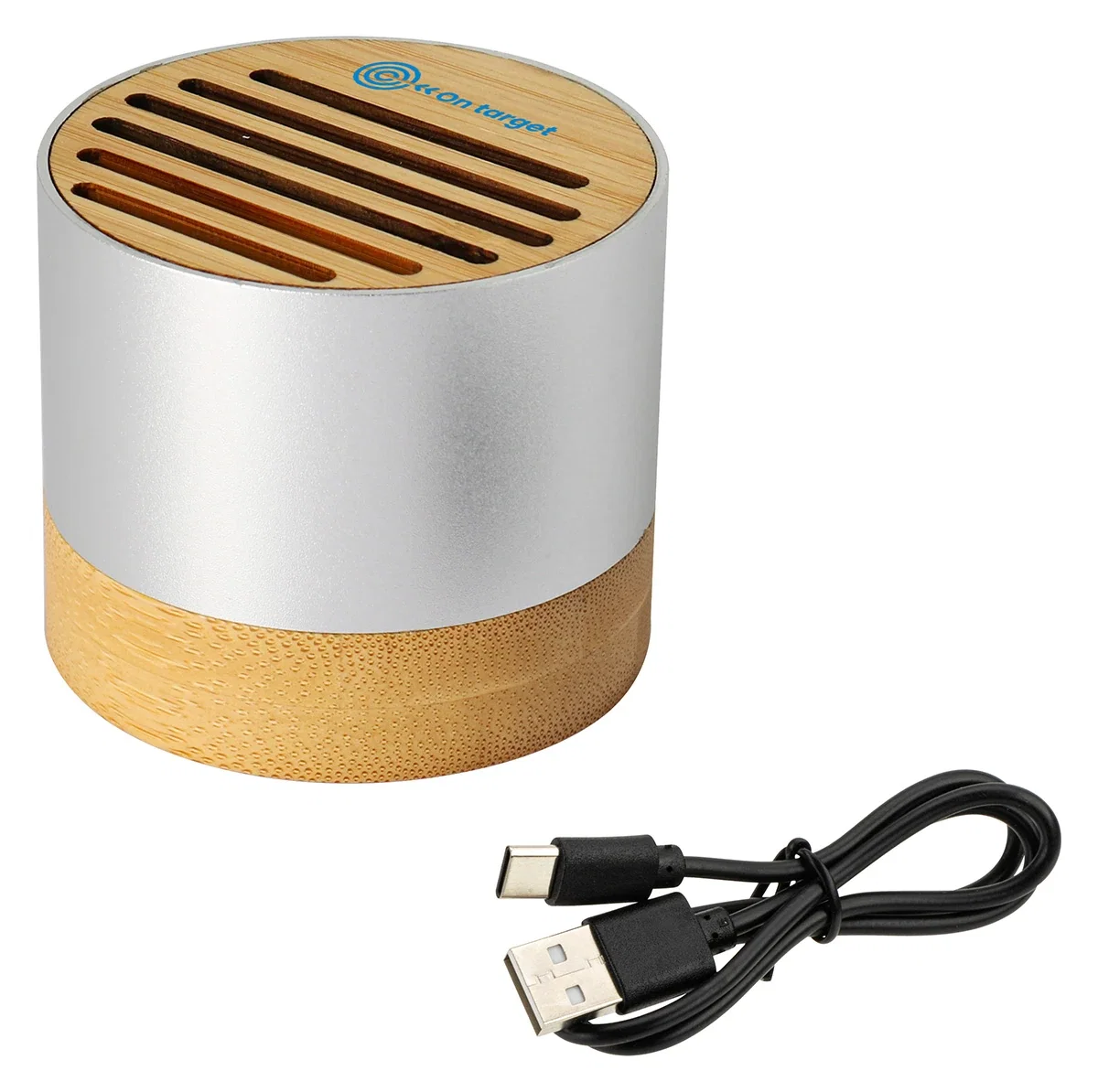 Custom EcoSound Bamboo/Recycled Aluminum Wireless Speaker, front view of the branded speaker
