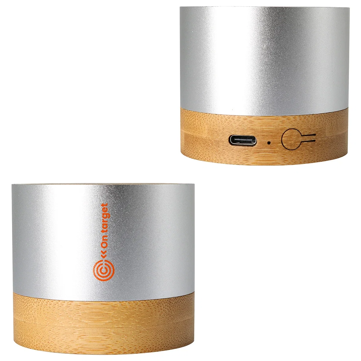 Close-up of the custom EcoSound Wireless Speaker's logo imprint area