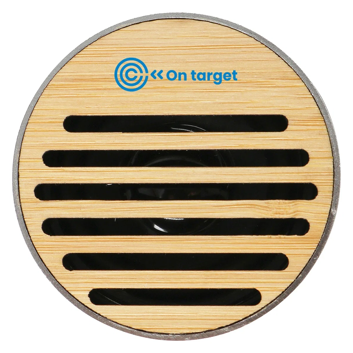 EcoSound Bamboo/Recycled Aluminum Wireless Speaker in use outdoors, lifestyle shot of the branded speaker