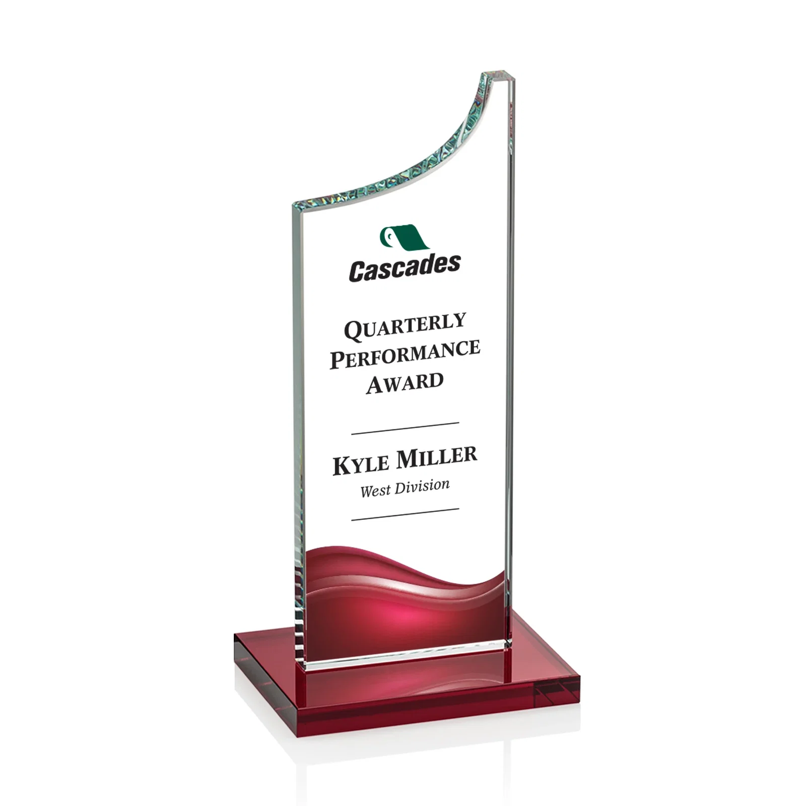 Custom printed Starfire Crystal Award With a Grooved Peak, awards for corporate award ceremonies
