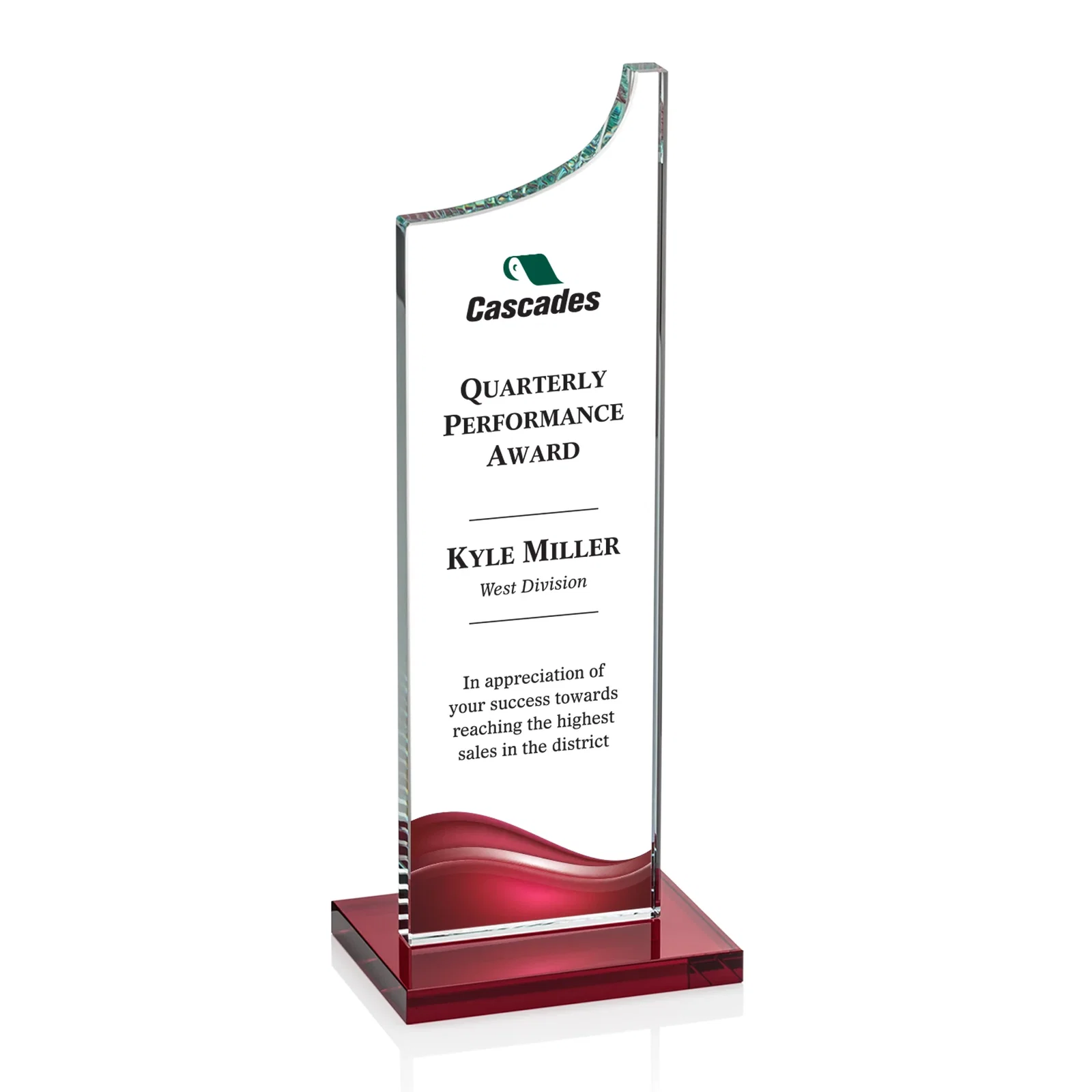 Custom printed Starfire Crystal Award With a Grooved Peak, awards for service anniversary gifts