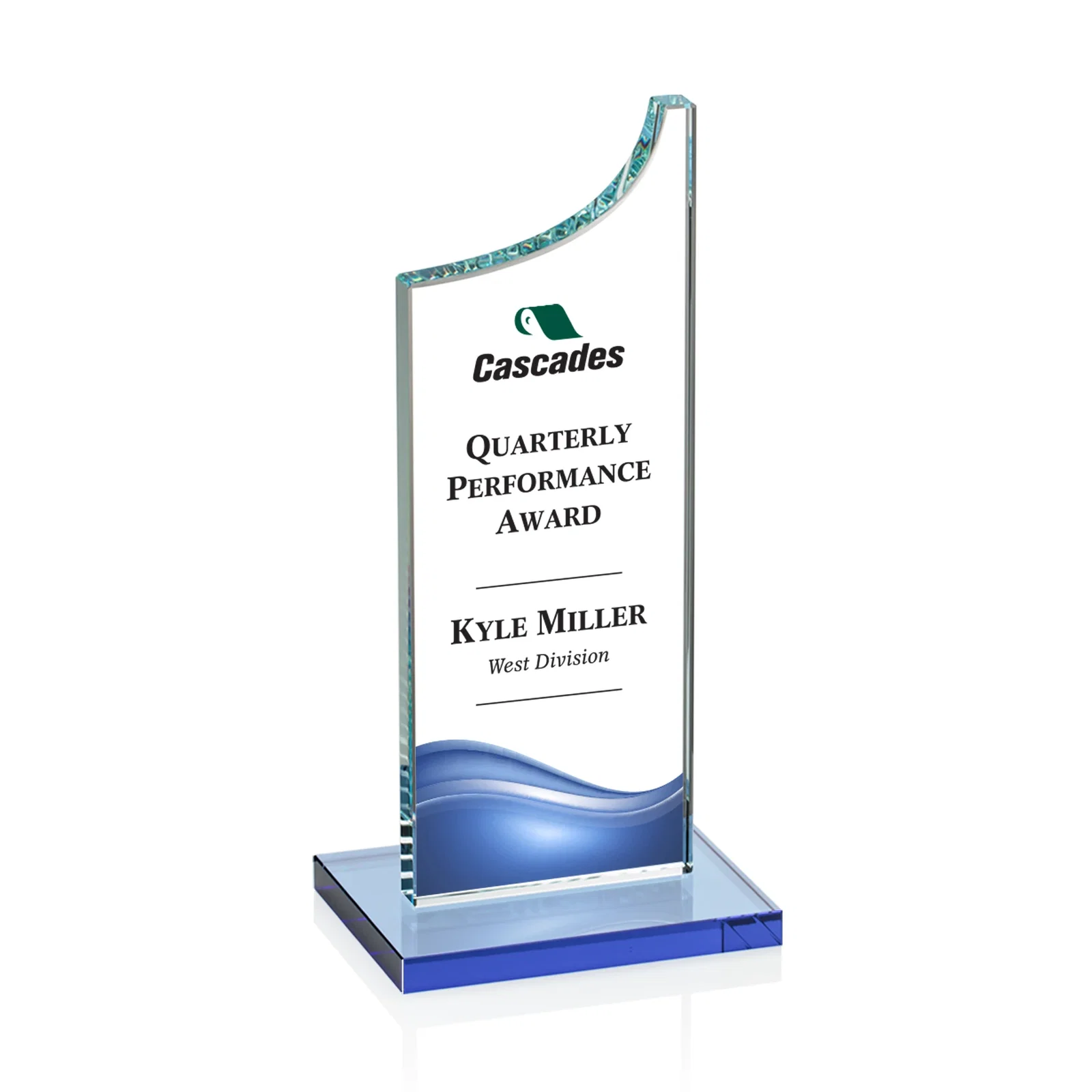Custom printed Starfire Crystal Award With a Grooved Peak, awards for team milestone celebrations