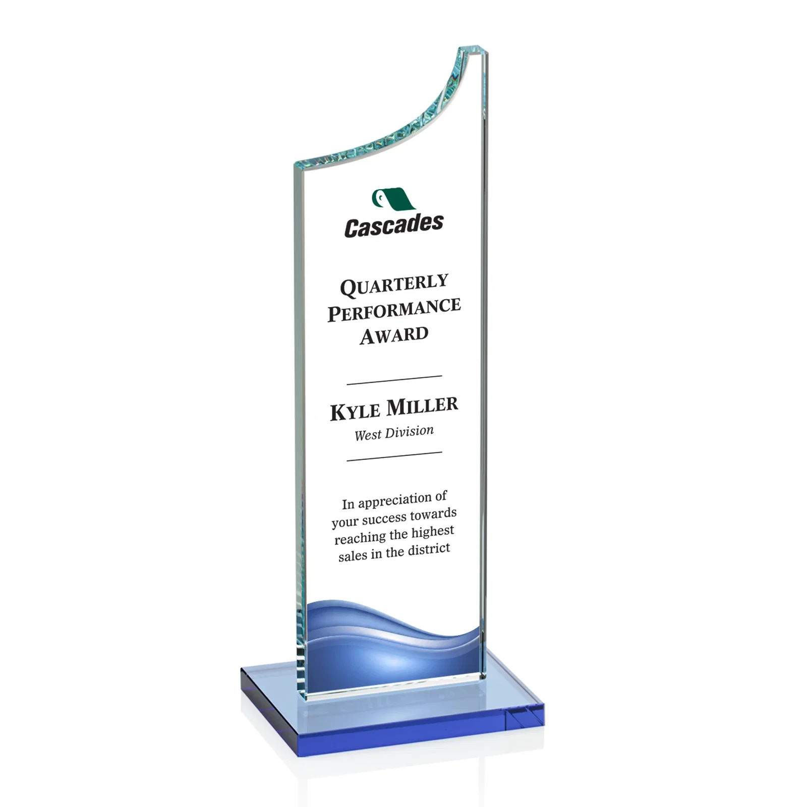 Custom printed Starfire Crystal Award With a Grooved Peak, awards for donor appreciation