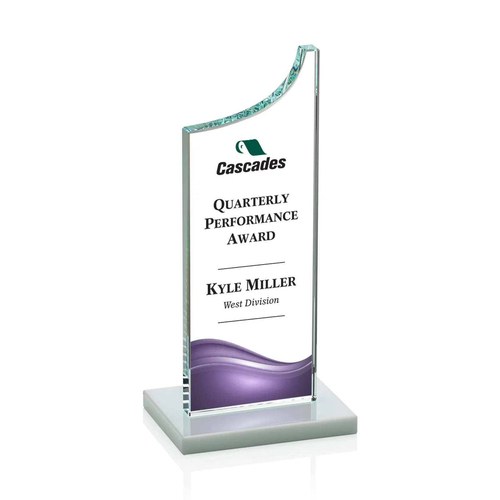 Custom printed Starfire Crystal Award With a Grooved Peak, awards for volunteer appreciation