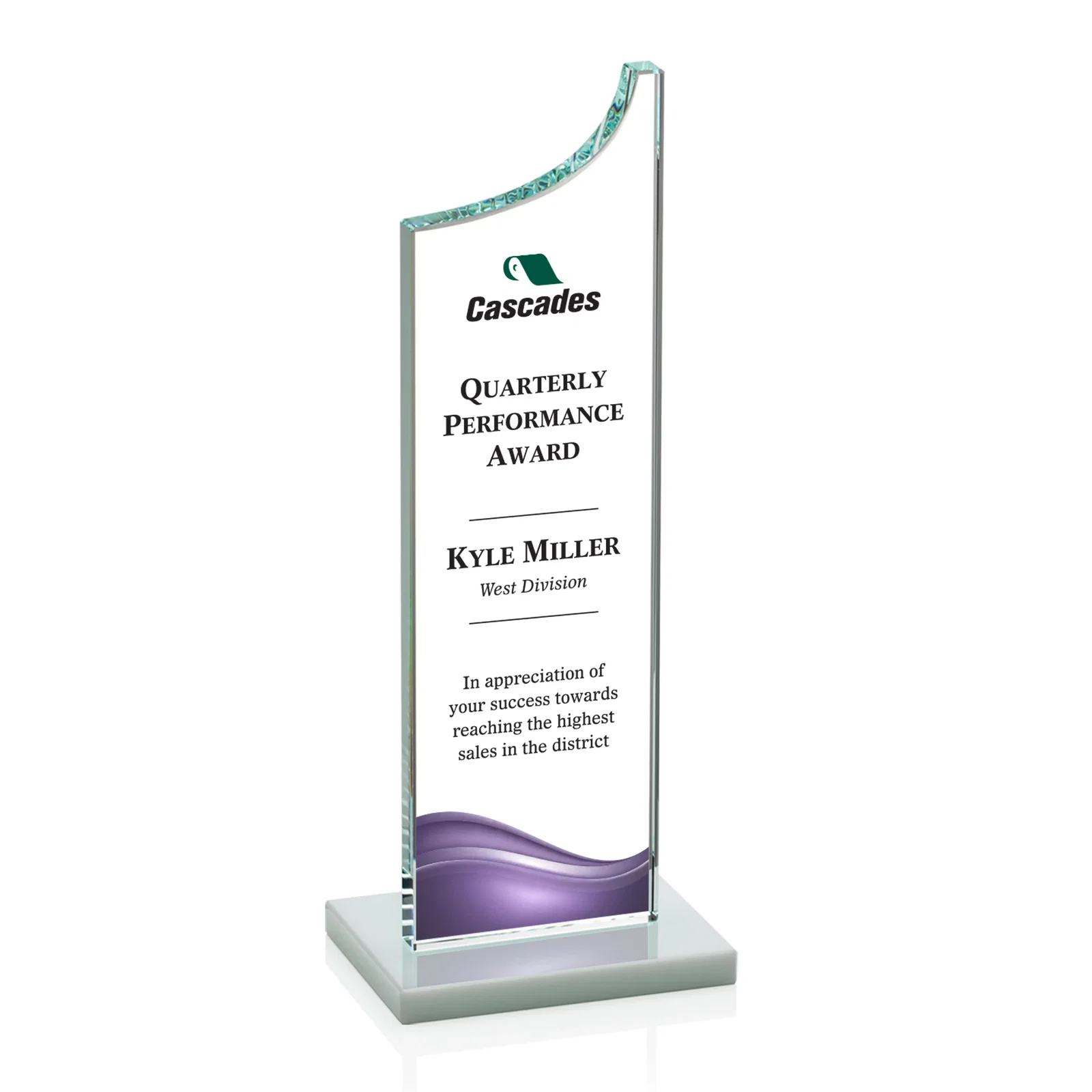 Custom printed Starfire Crystal Award With a Grooved Peak, awards for dealer and partner awards