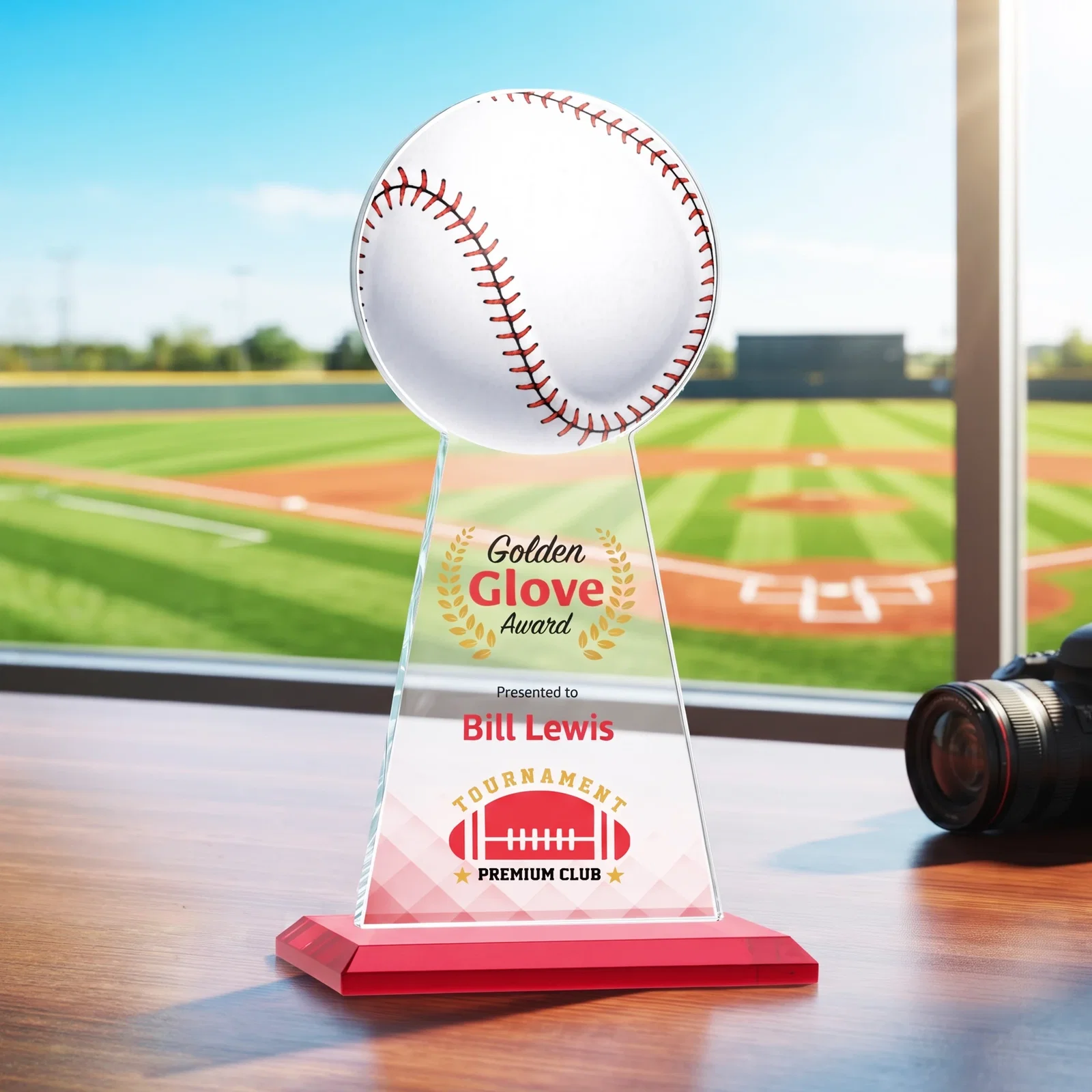 Custom printed Starfire Crystal Summit Award - Baseball for volunteer appreciation