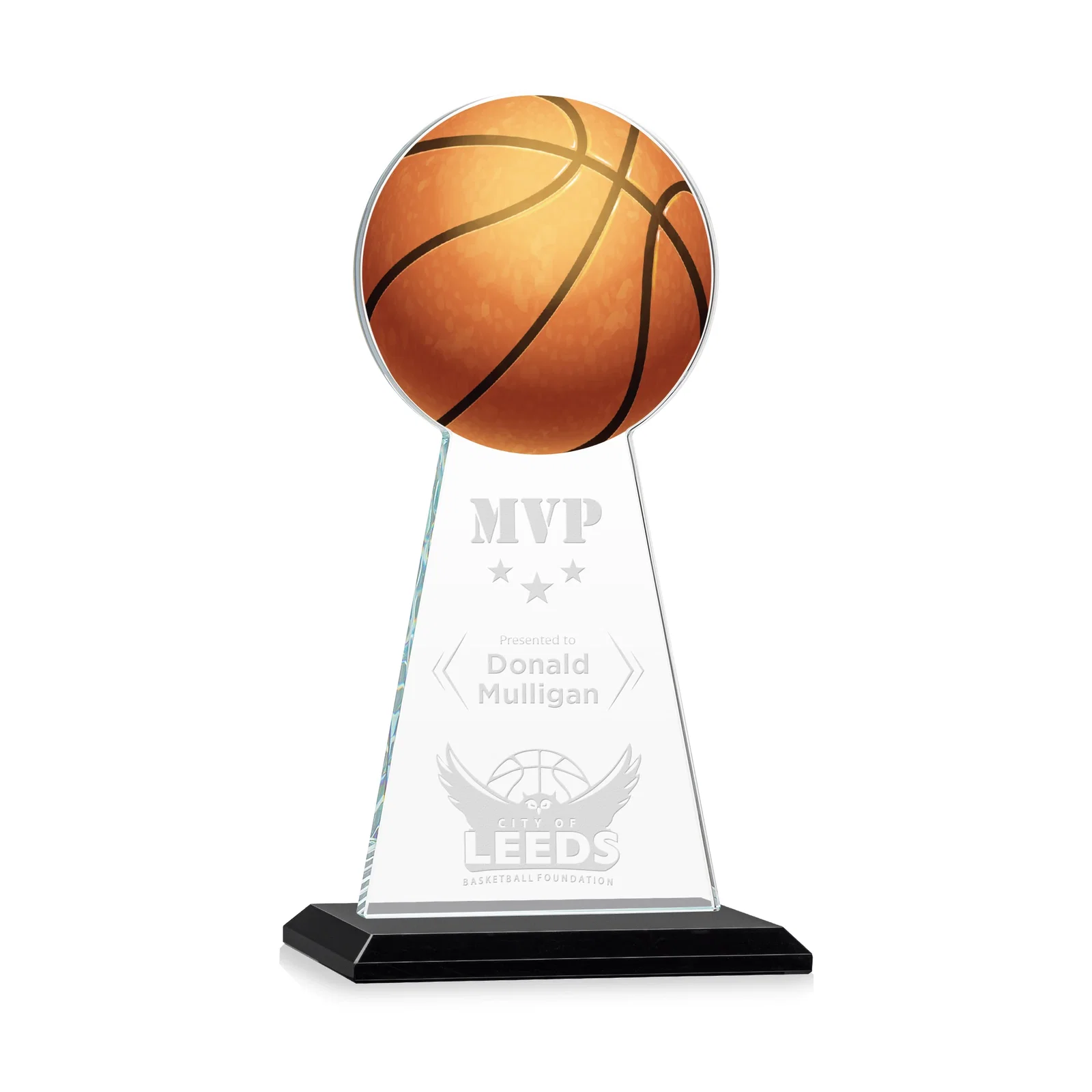 Custom Starfire Crystal Summit Award with Basketball-Shaped Peak for company anniversary events