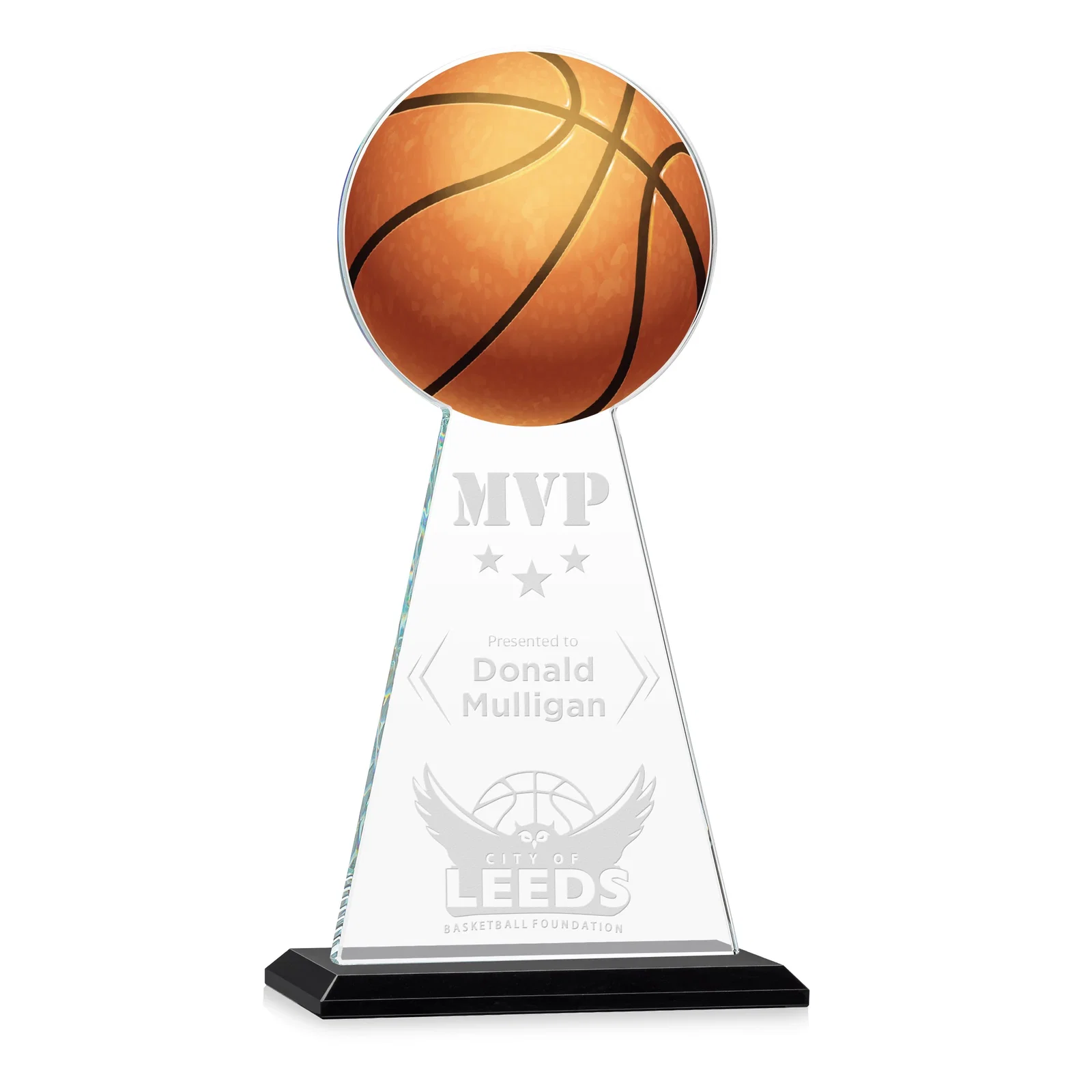 Personalized Starfire Crystal Summit Award with Basketball-Shaped Peak for employee recognition