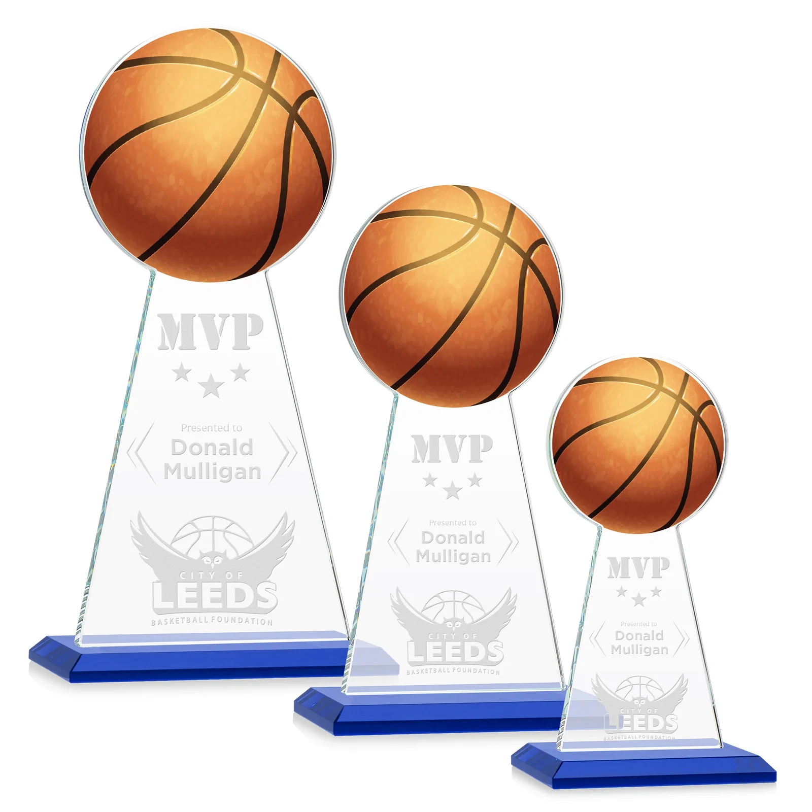 Personalized Starfire Crystal Summit Award with Basketball-Shaped Peak for corporate award ceremonies