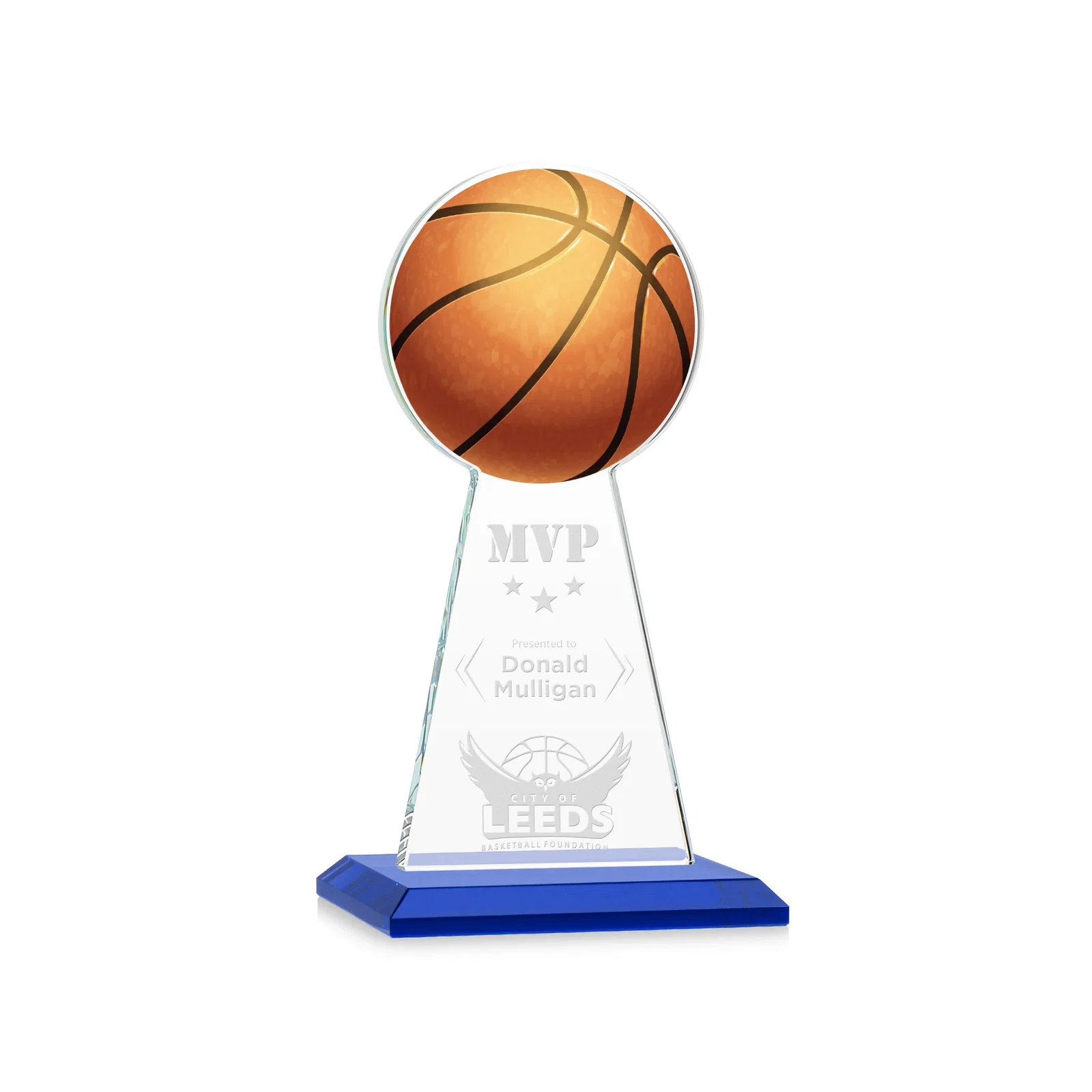 Personalized Starfire Crystal Summit Award with Basketball-Shaped Peak for service anniversary gifts