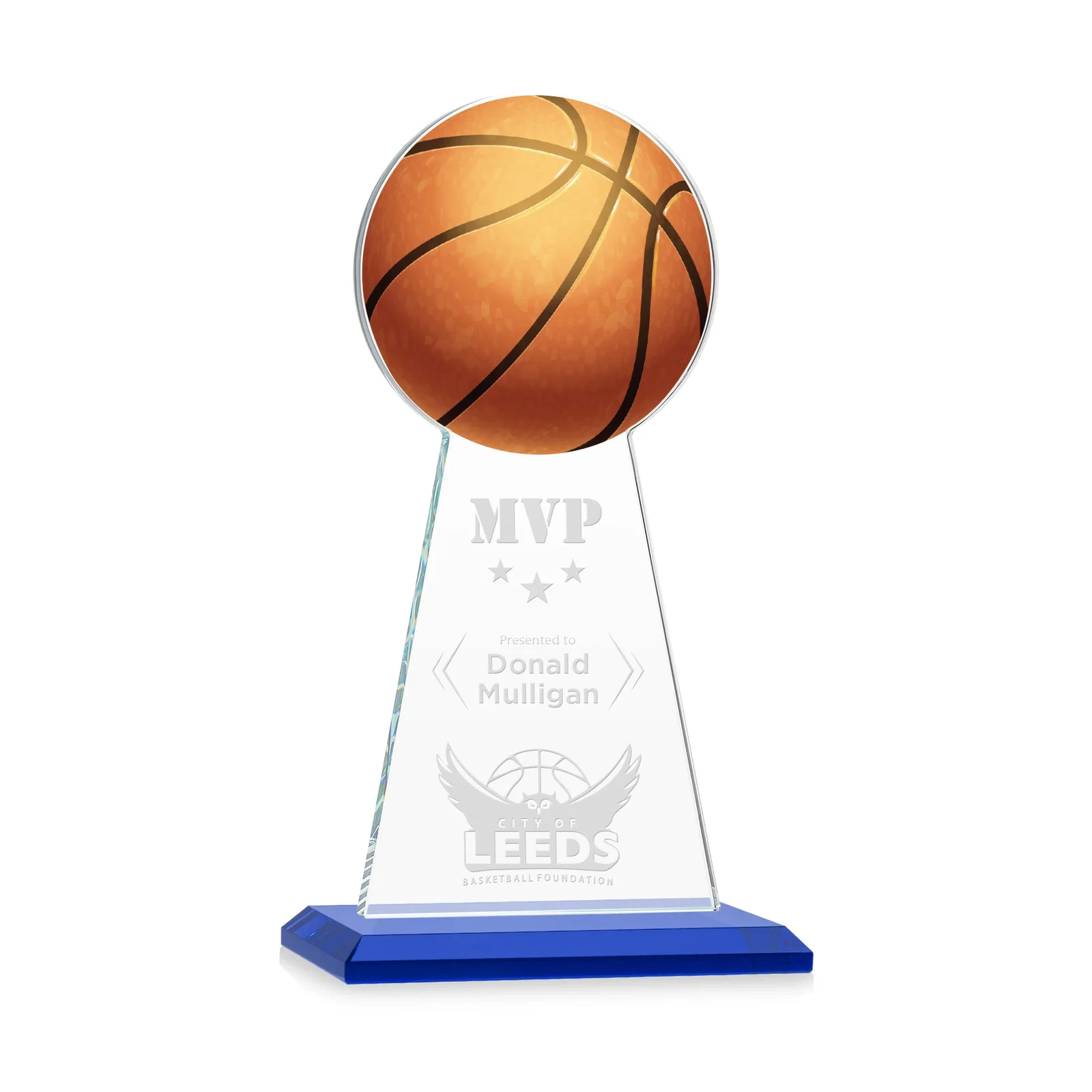 Personalized Starfire Crystal Summit Award with Basketball-Shaped Peak for sales achievement awards