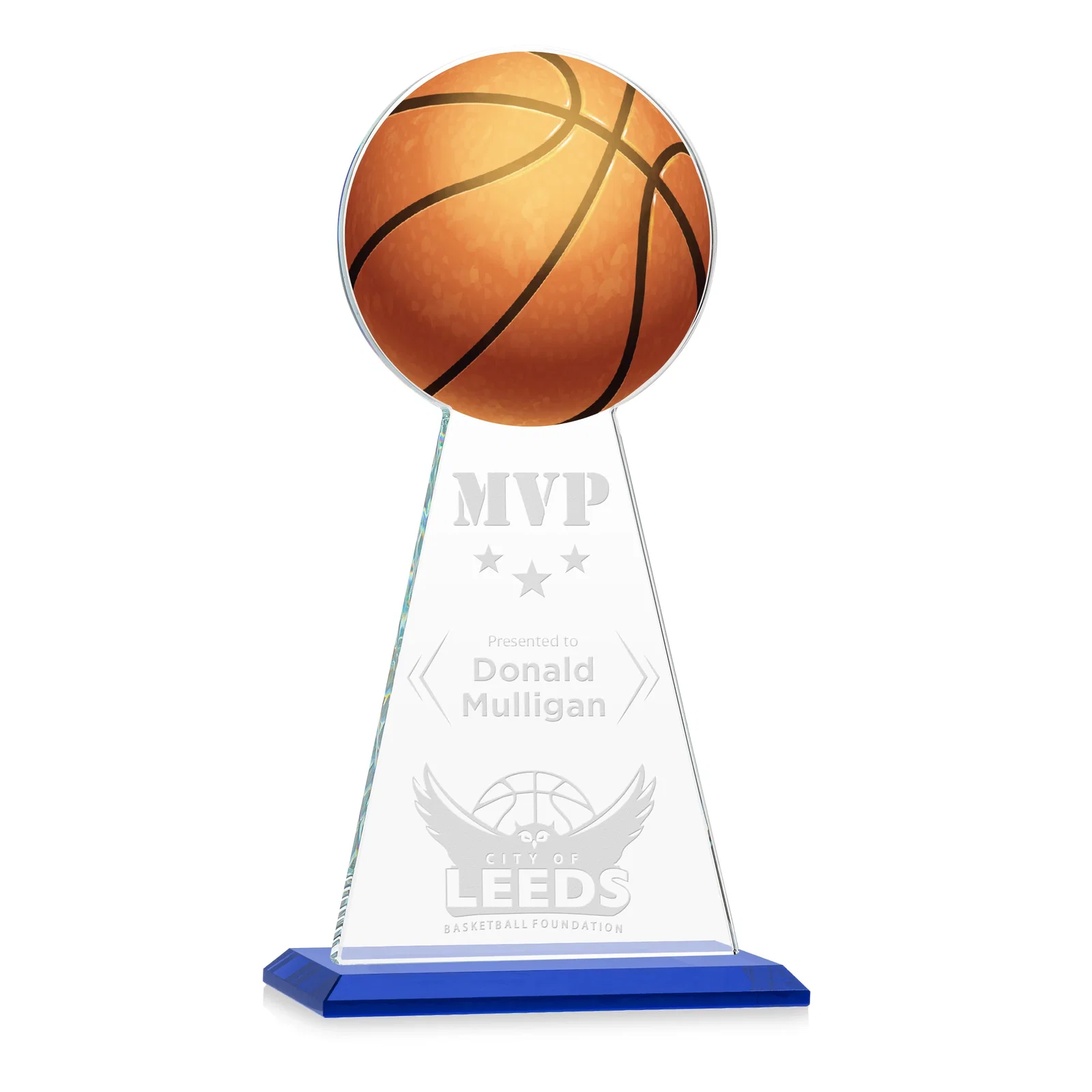 Personalized Starfire Crystal Summit Award with Basketball-Shaped Peak for retirement presentations