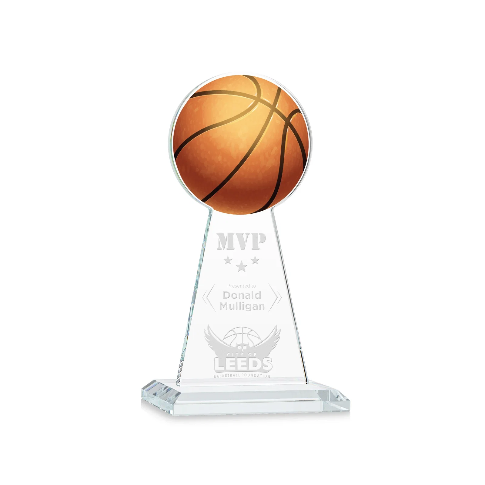 Custom Starfire Crystal Summit Award with Basketball-Shaped Peak for corporate award ceremonies