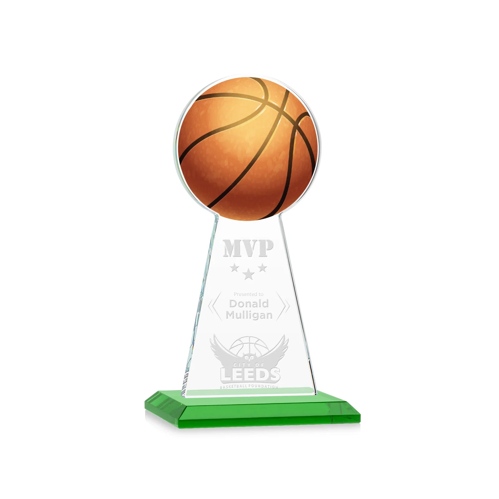 Personalized Starfire Crystal Summit Award with Basketball-Shaped Peak for donor appreciation
