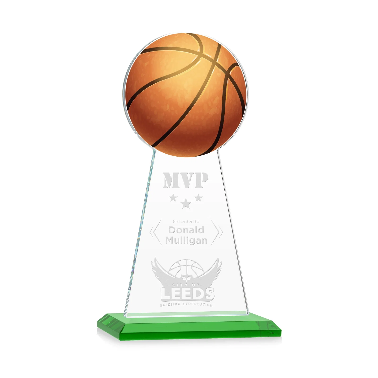 Personalized Starfire Crystal Summit Award with Basketball-Shaped Peak for graduation ceremonies