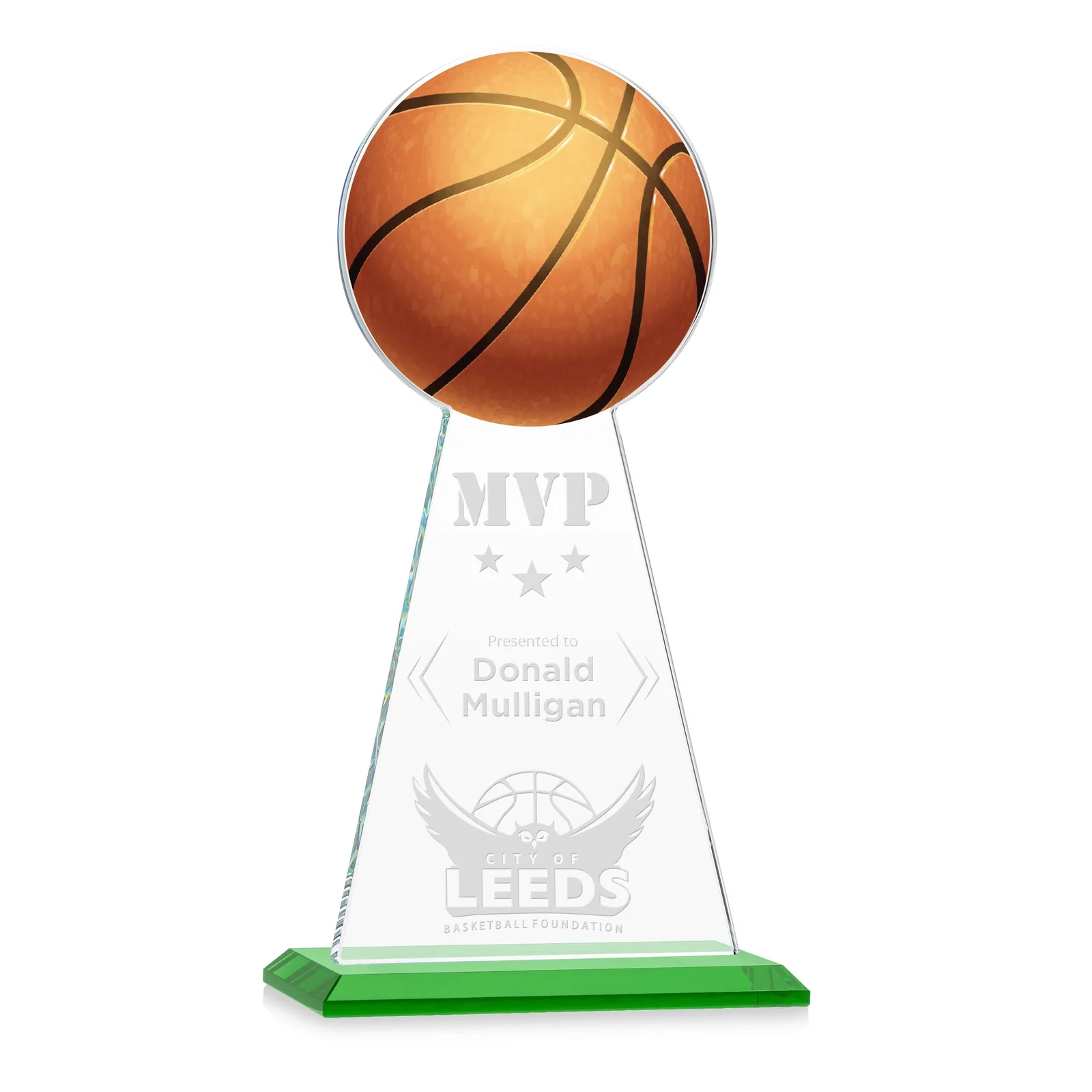 Personalized Starfire Crystal Summit Award with Basketball-Shaped Peak for safety achievement programs