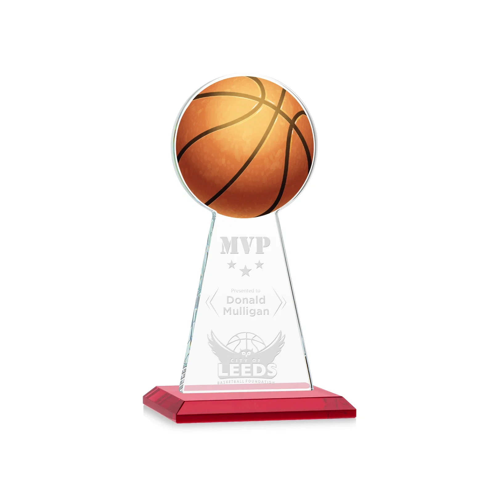 Personalized Starfire Crystal Summit Award with Basketball-Shaped Peak for dealer and partner awards