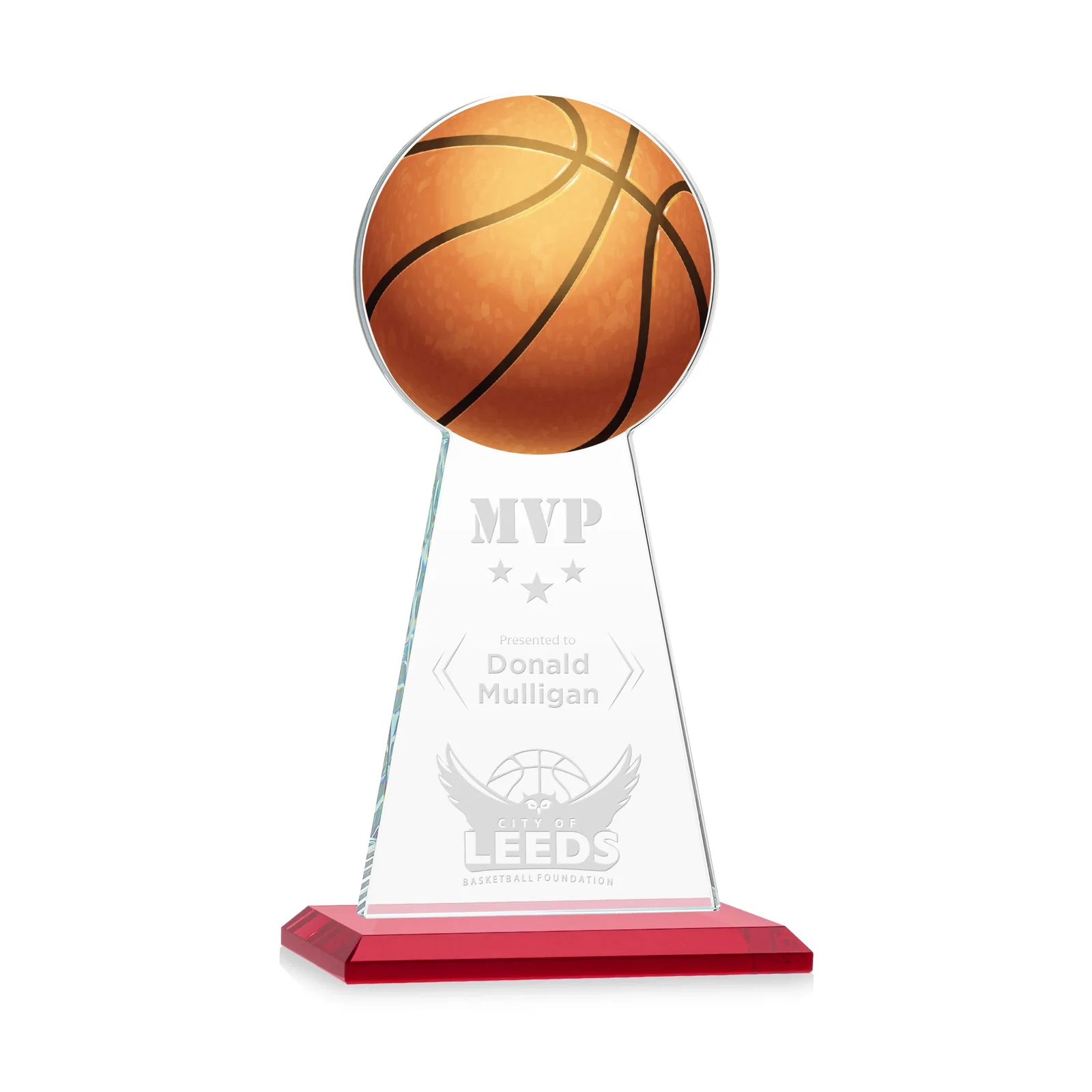 Personalized Starfire Crystal Summit Award with Basketball-Shaped Peak for company anniversary events