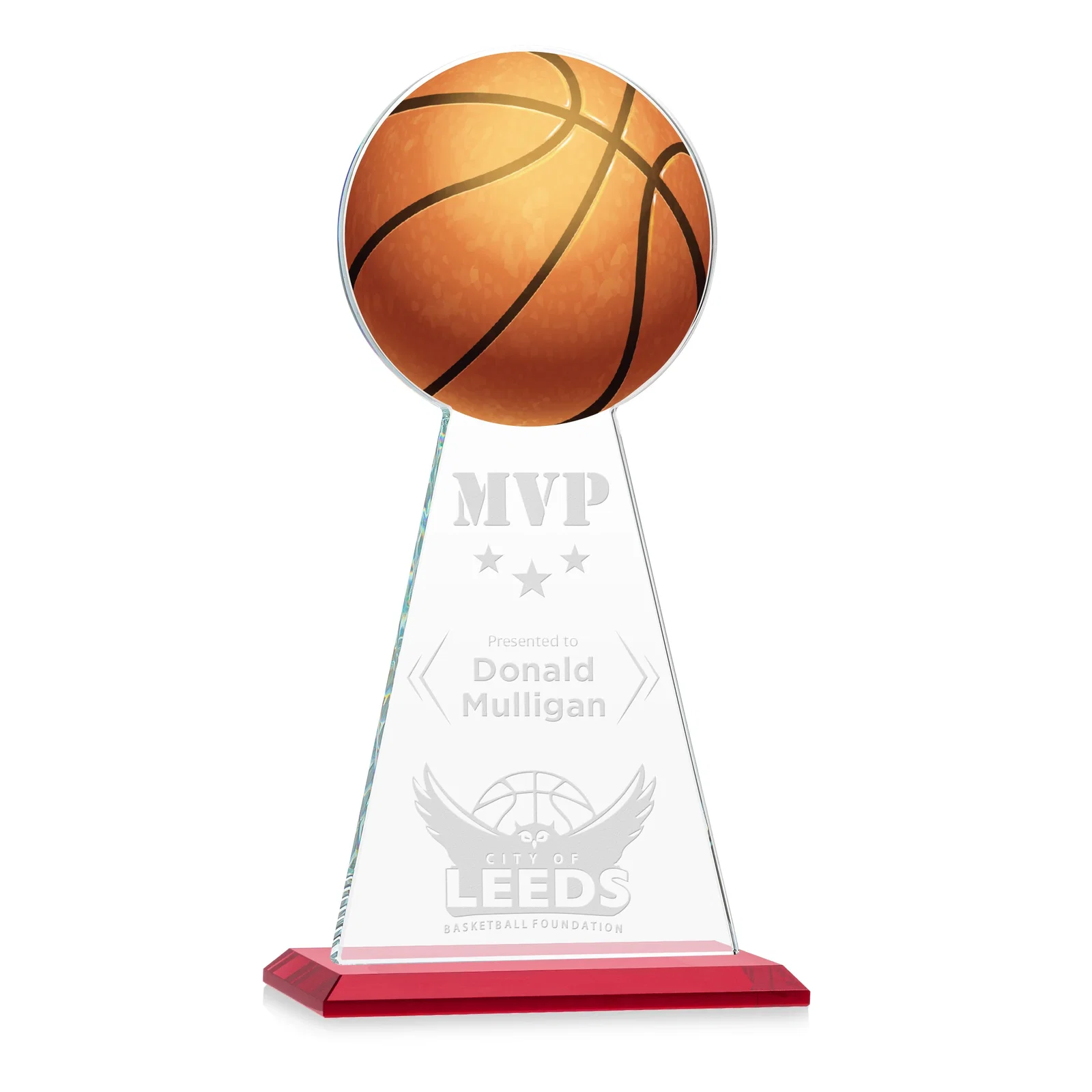 Promotional Starfire Crystal Summit Award with Basketball-Shaped Peak for employee recognition