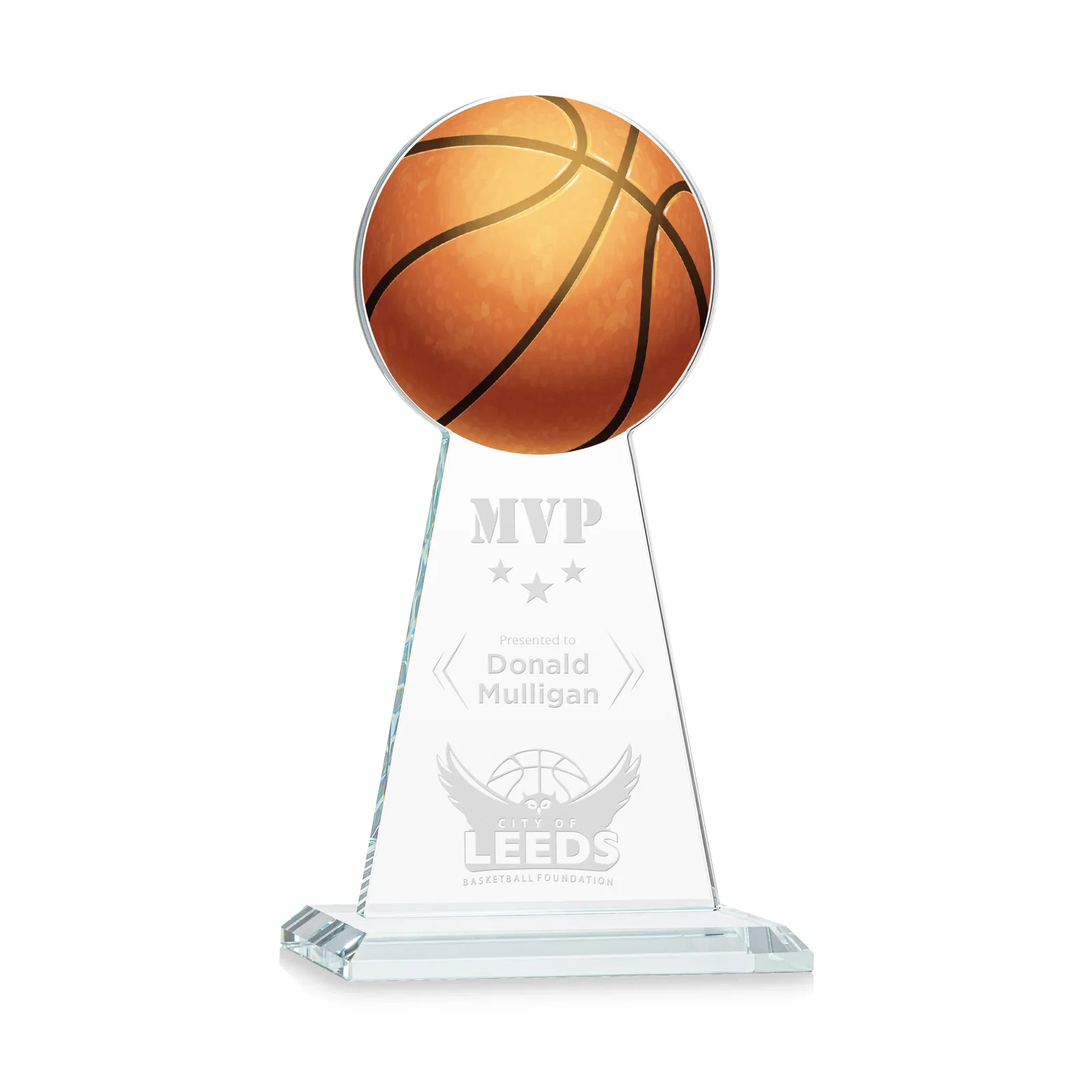 Custom Starfire Crystal Summit Award with Basketball-Shaped Peak for service anniversary gifts