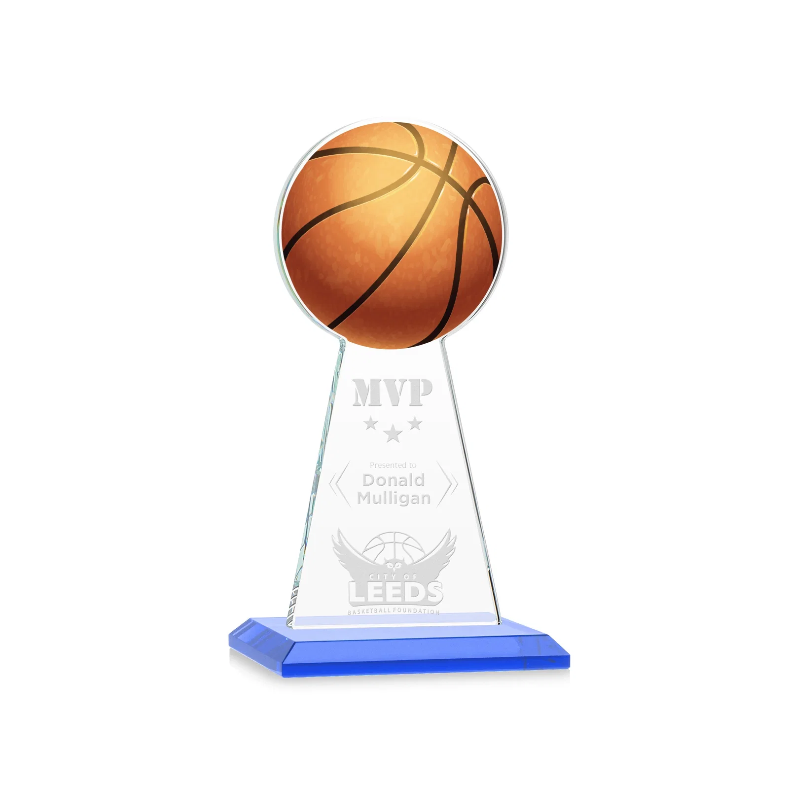 Promotional Starfire Crystal Summit Award with Basketball-Shaped Peak for service anniversary gifts