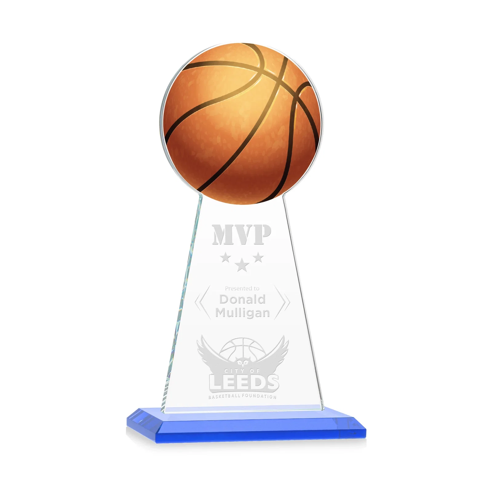 Promotional Starfire Crystal Summit Award with Basketball-Shaped Peak for sales achievement awards