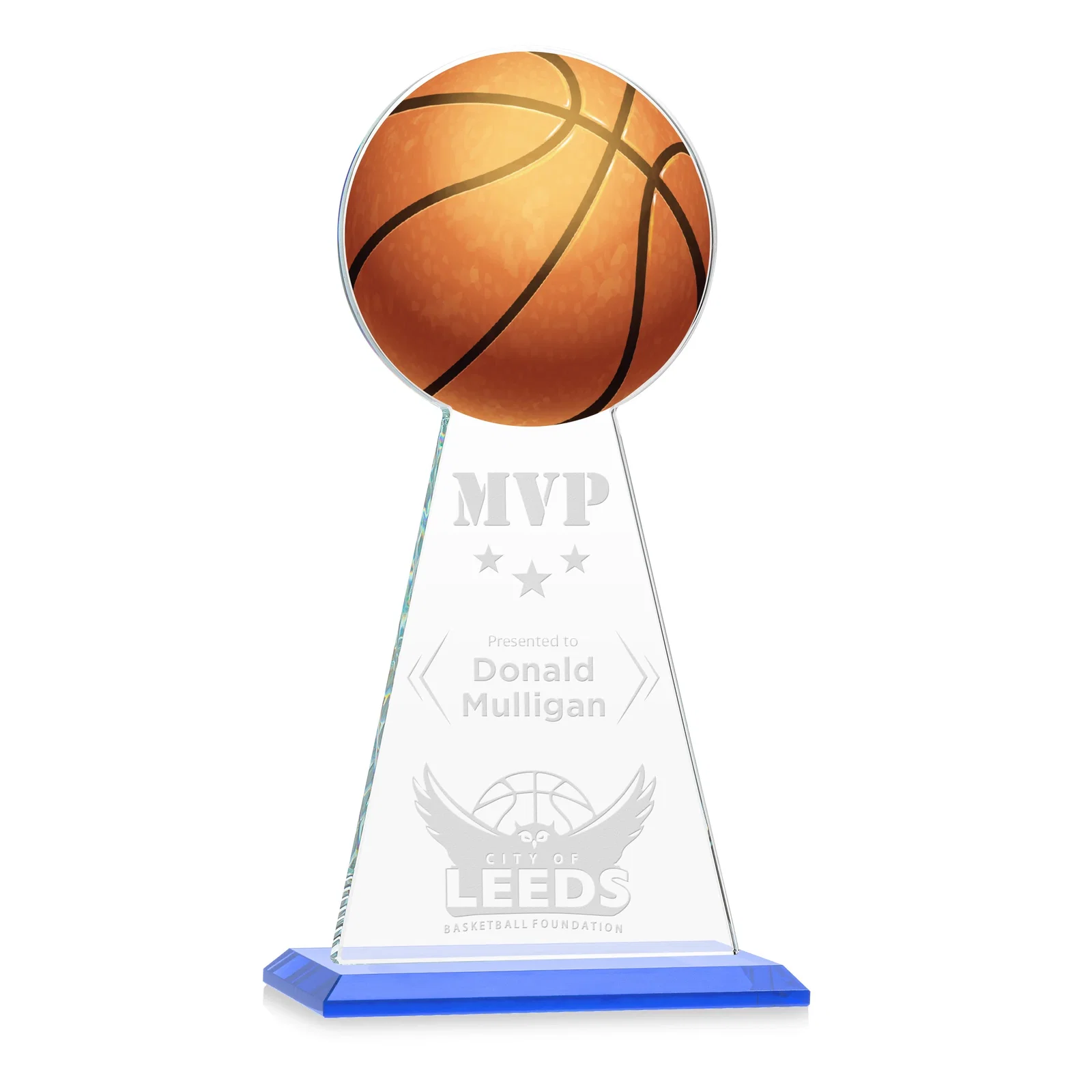 Promotional Starfire Crystal Summit Award with Basketball-Shaped Peak for retirement presentations