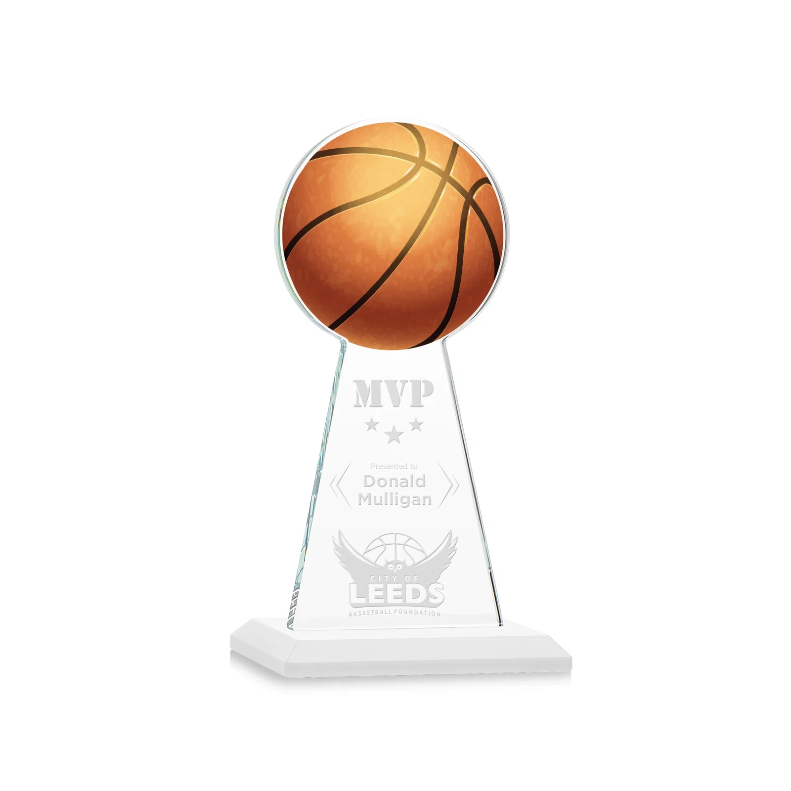 Promotional Starfire Crystal Summit Award with Basketball-Shaped Peak for donor appreciation