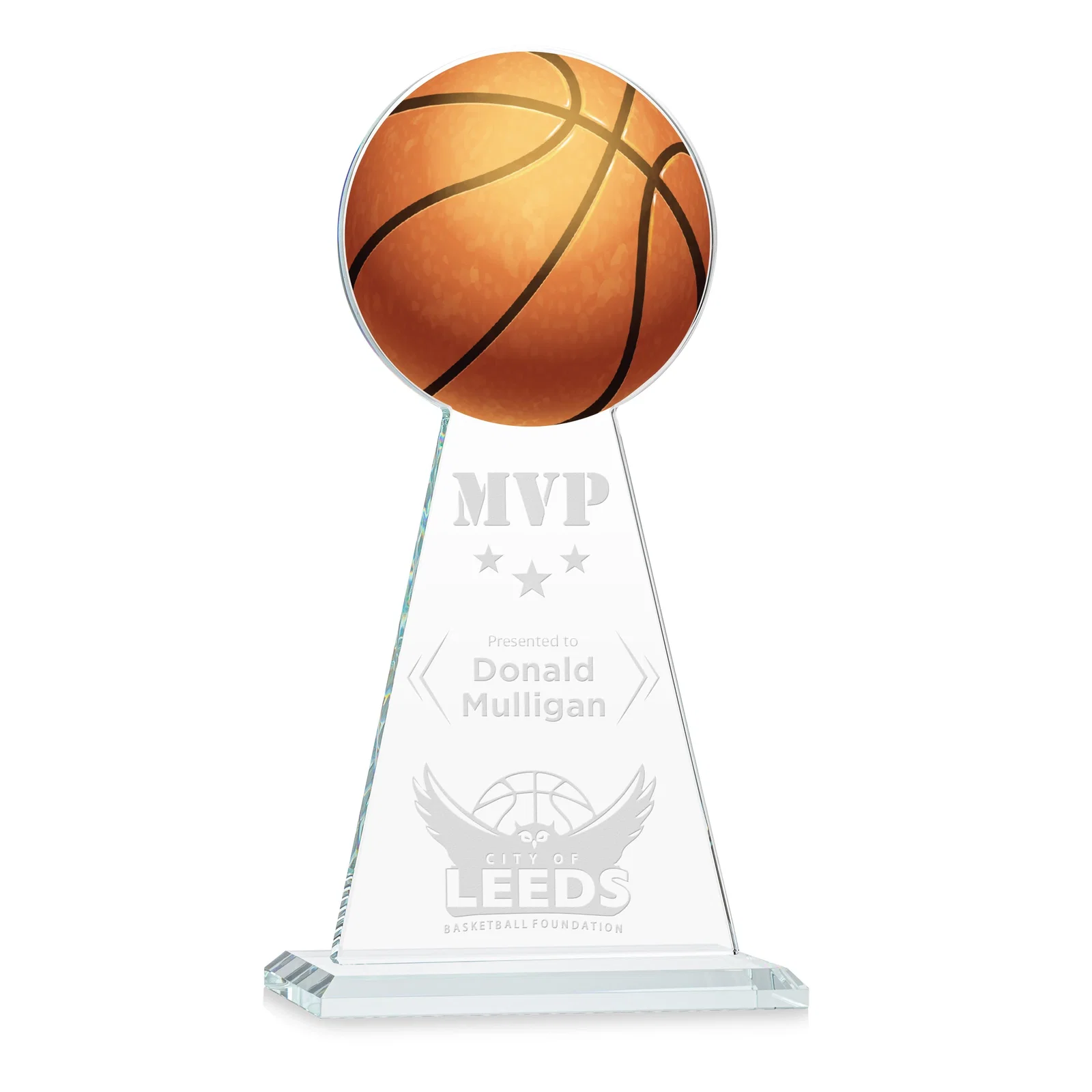 Custom Starfire Crystal Summit Award with Basketball-Shaped Peak for sales achievement awards