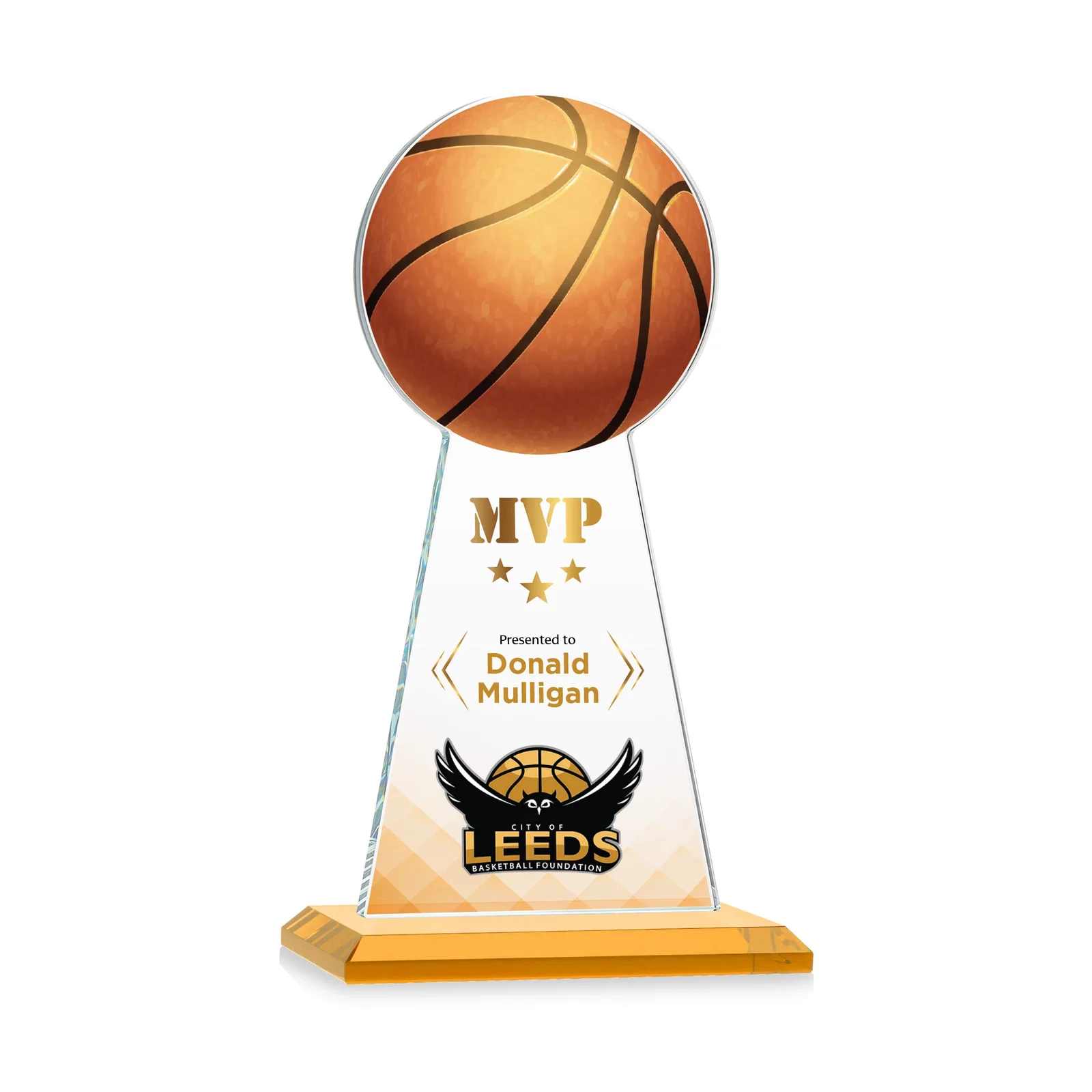 Promotional Starfire Crystal Summit Award with Basketball-Shaped Peak for company anniversary events
