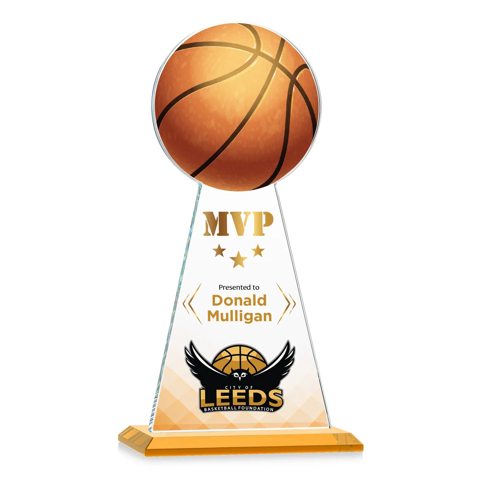 Branded Starfire Crystal Summit Award with Basketball-Shaped Peak for employee recognition