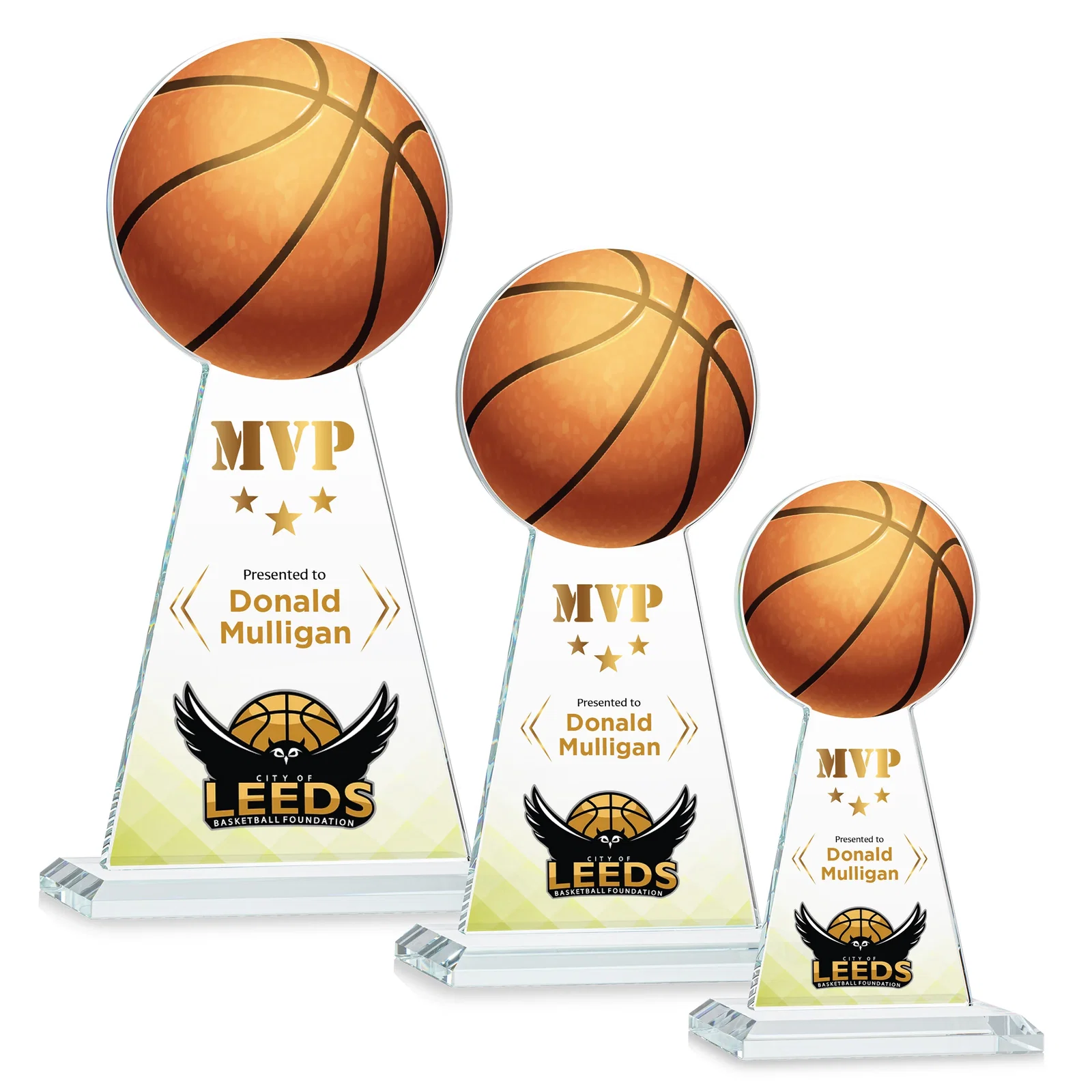 Branded Starfire Crystal Summit Award with Basketball-Shaped Peak for corporate award ceremonies