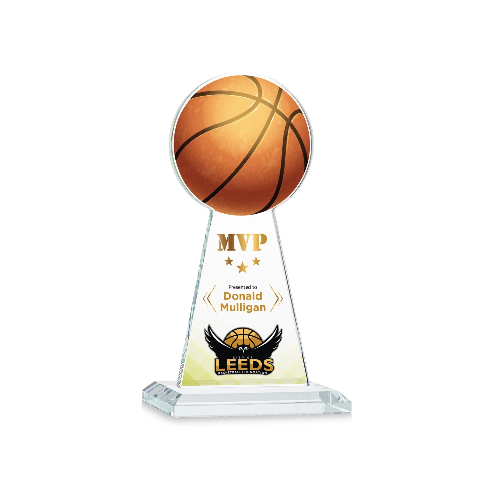 Branded Starfire Crystal Summit Award with Basketball-Shaped Peak for service anniversary gifts