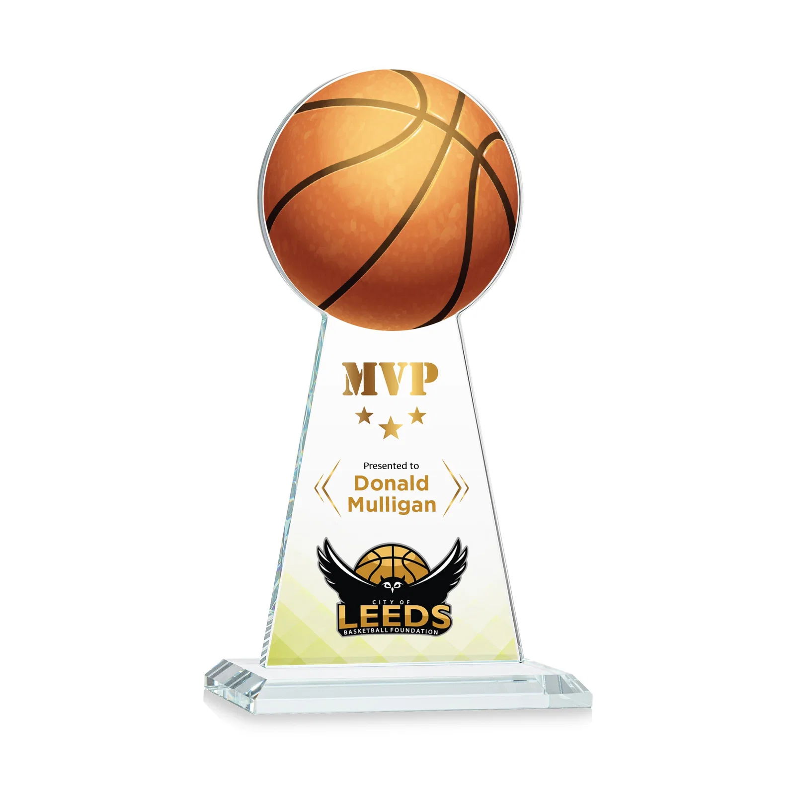 Branded Starfire Crystal Summit Award with Basketball-Shaped Peak for sales achievement awards