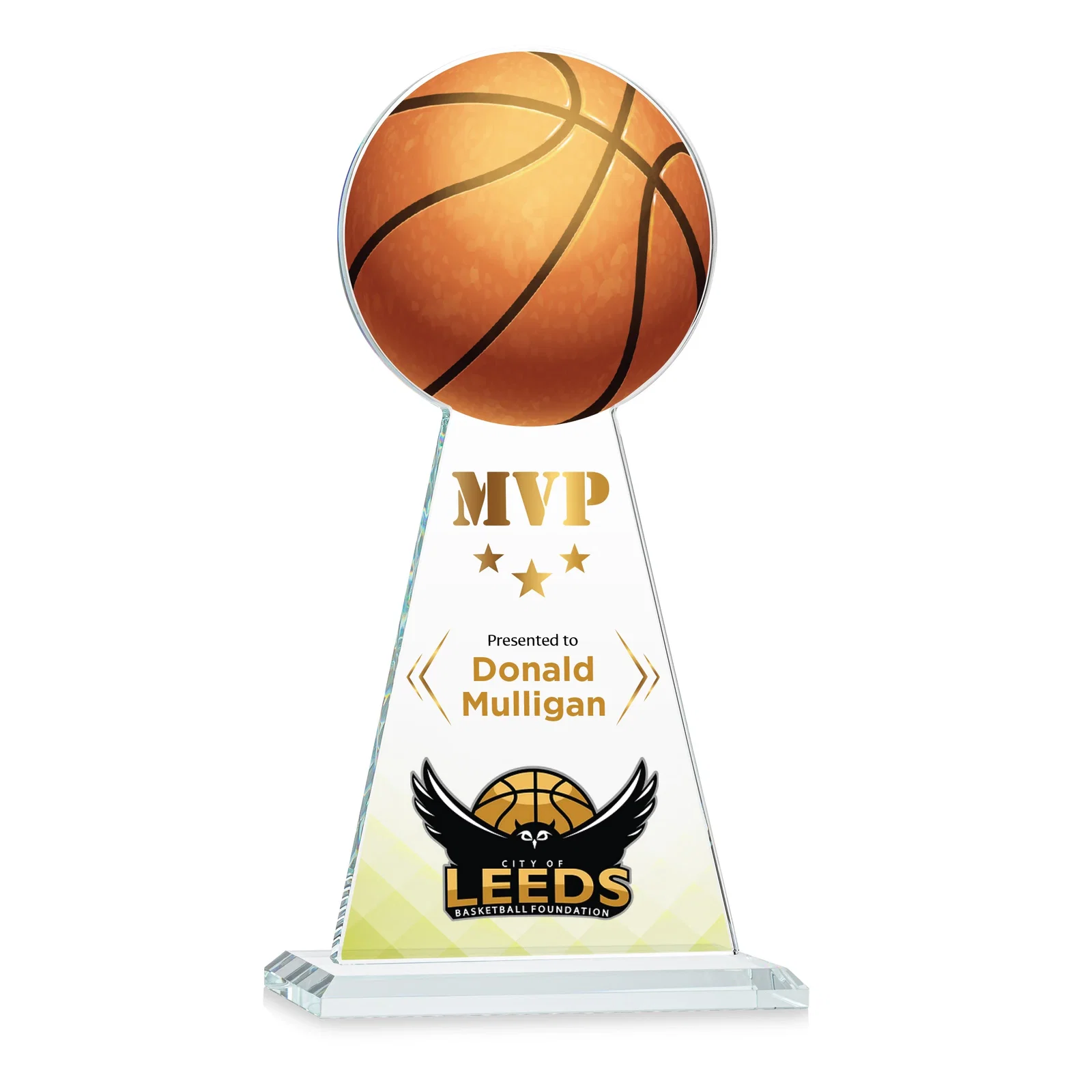 Branded Starfire Crystal Summit Award with Basketball-Shaped Peak for retirement presentations