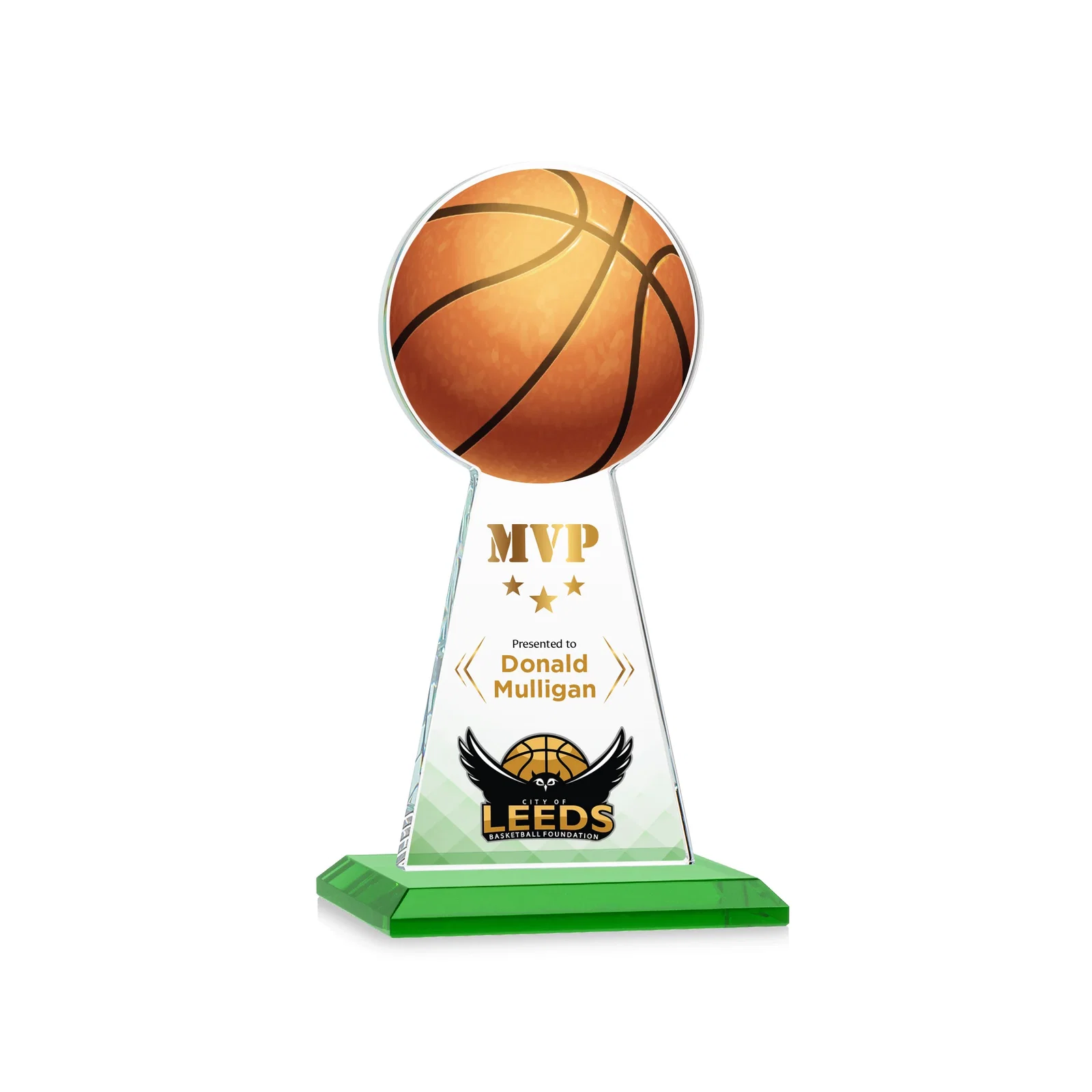 Branded Starfire Crystal Summit Award with Basketball-Shaped Peak for donor appreciation