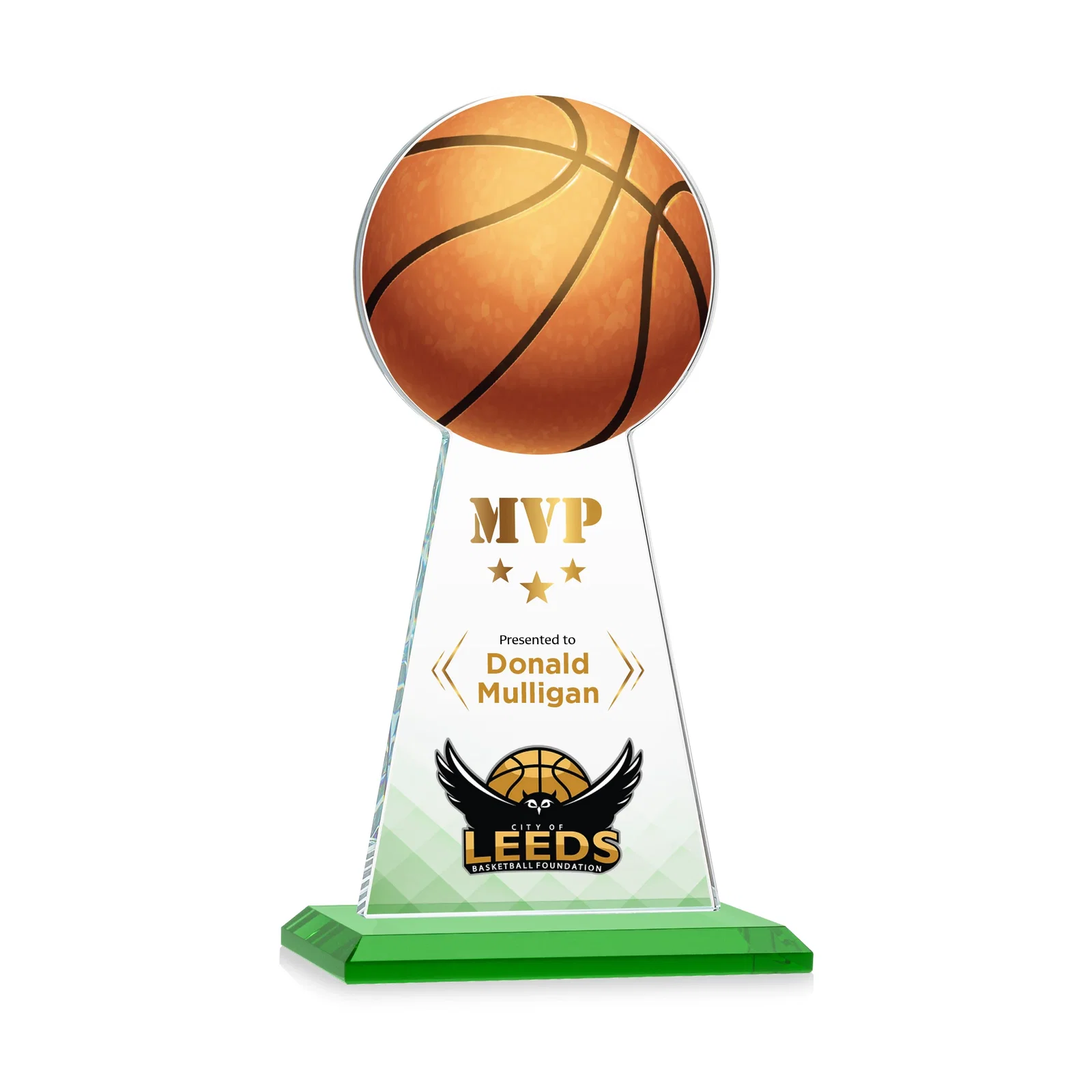 Branded Starfire Crystal Summit Award with Basketball-Shaped Peak for graduation ceremonies