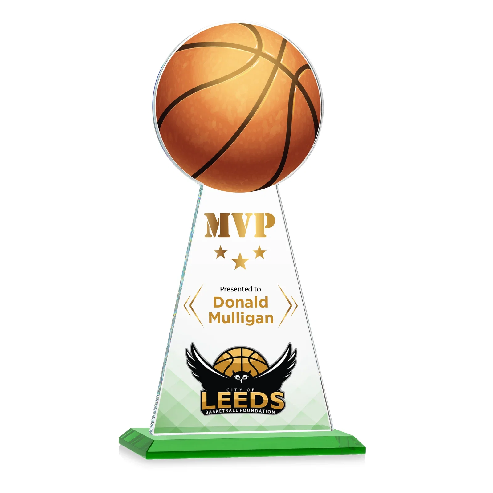 Branded Starfire Crystal Summit Award with Basketball-Shaped Peak for safety achievement programs