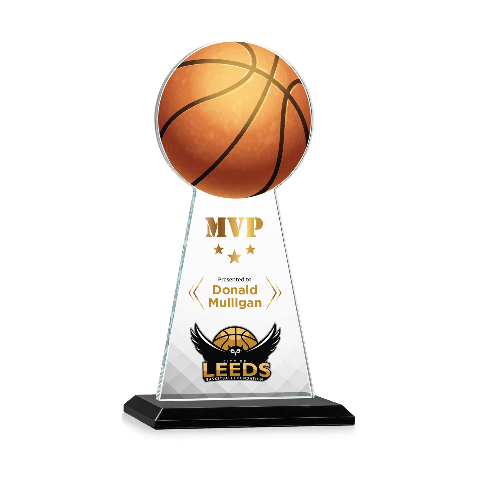 Branded Starfire Crystal Summit Award with Basketball-Shaped Peak for company anniversary events