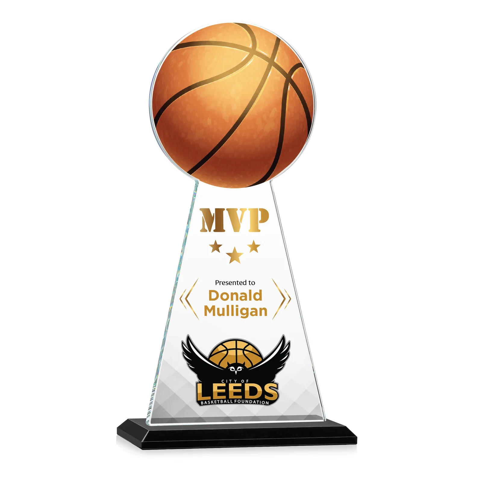 Custom printed Starfire Crystal Summit Award with Basketball-Shaped Peak for employee recognition