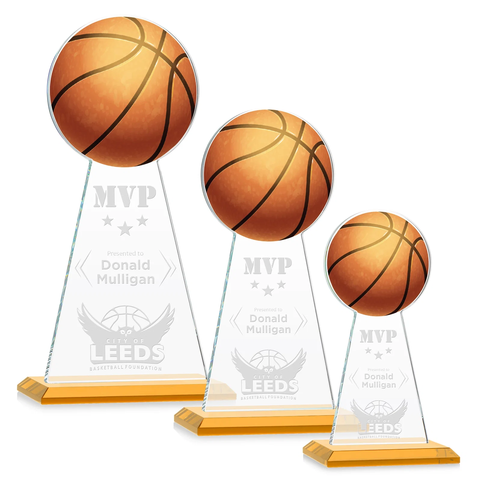 Custom Starfire Crystal Summit Award with Basketball-Shaped Peak for team milestone celebrations