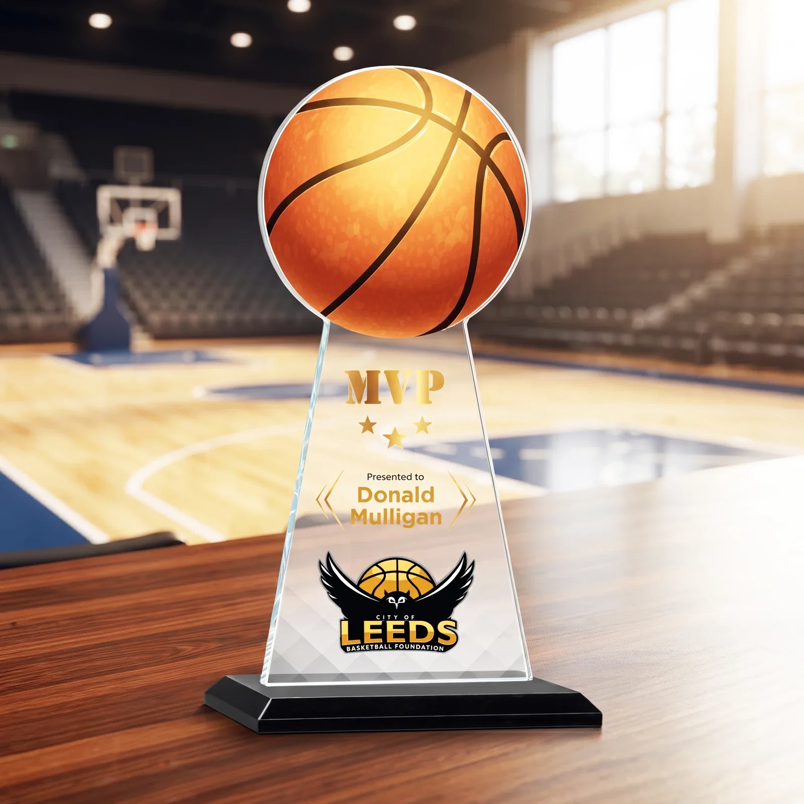 Custom printed Starfire Crystal Summit Award with Basketball-Shaped Peak for corporate award ceremonies