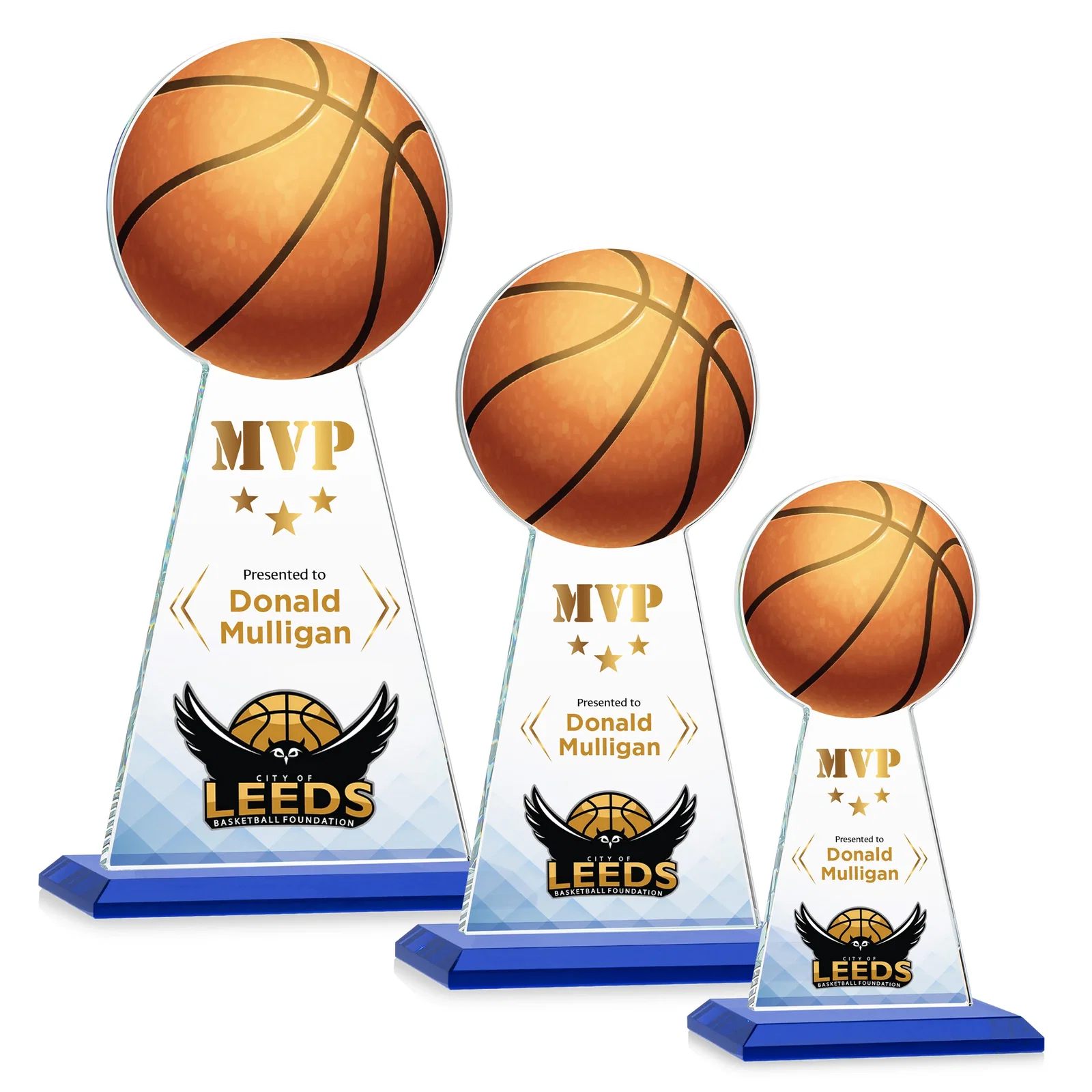 Custom printed Starfire Crystal Summit Award with Basketball-Shaped Peak for service anniversary gifts