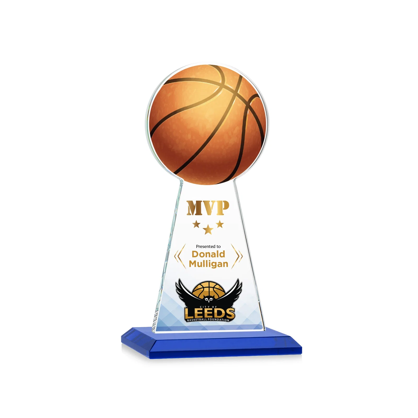 Custom printed Starfire Crystal Summit Award with Basketball-Shaped Peak for sales achievement awards