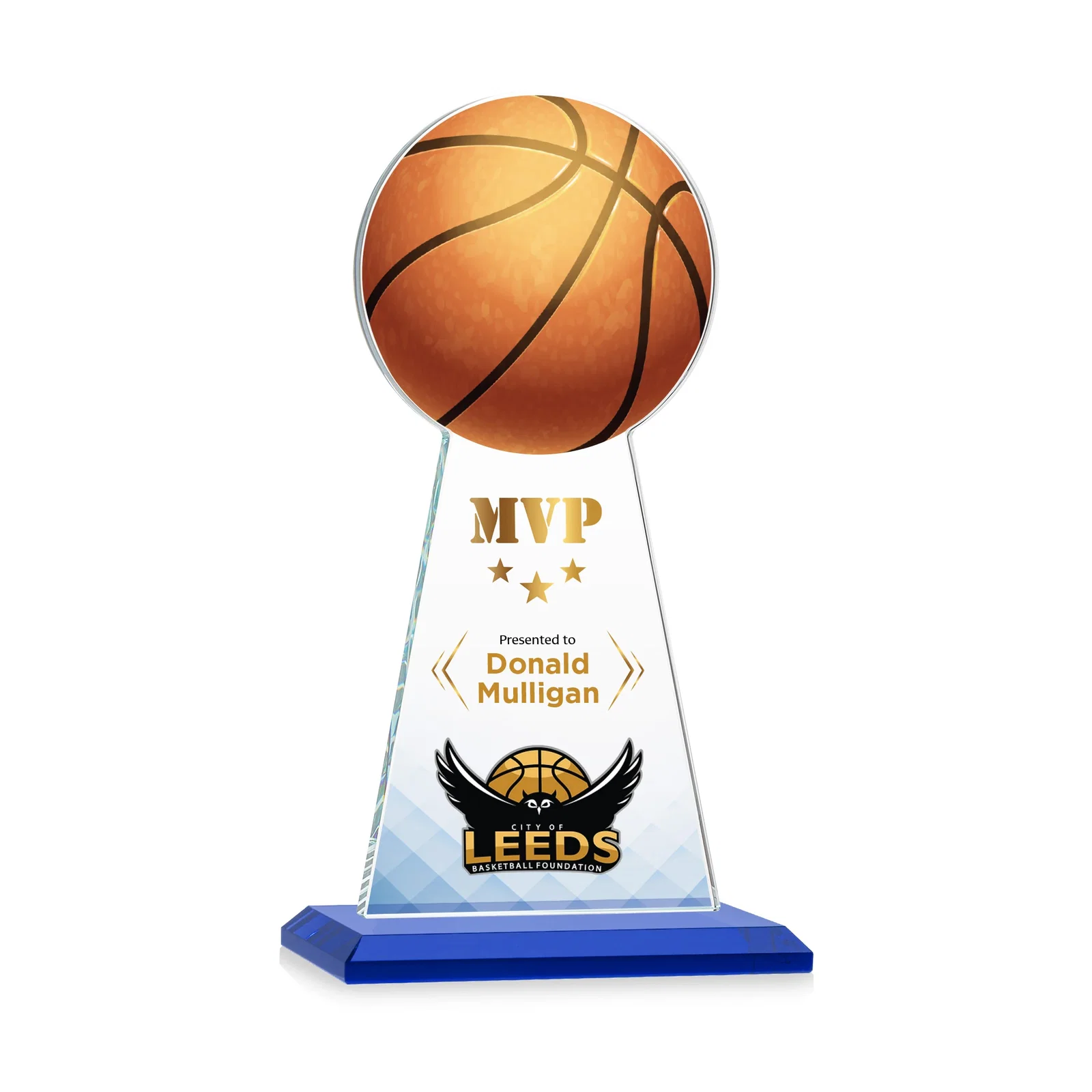 Custom printed Starfire Crystal Summit Award with Basketball-Shaped Peak for retirement presentations
